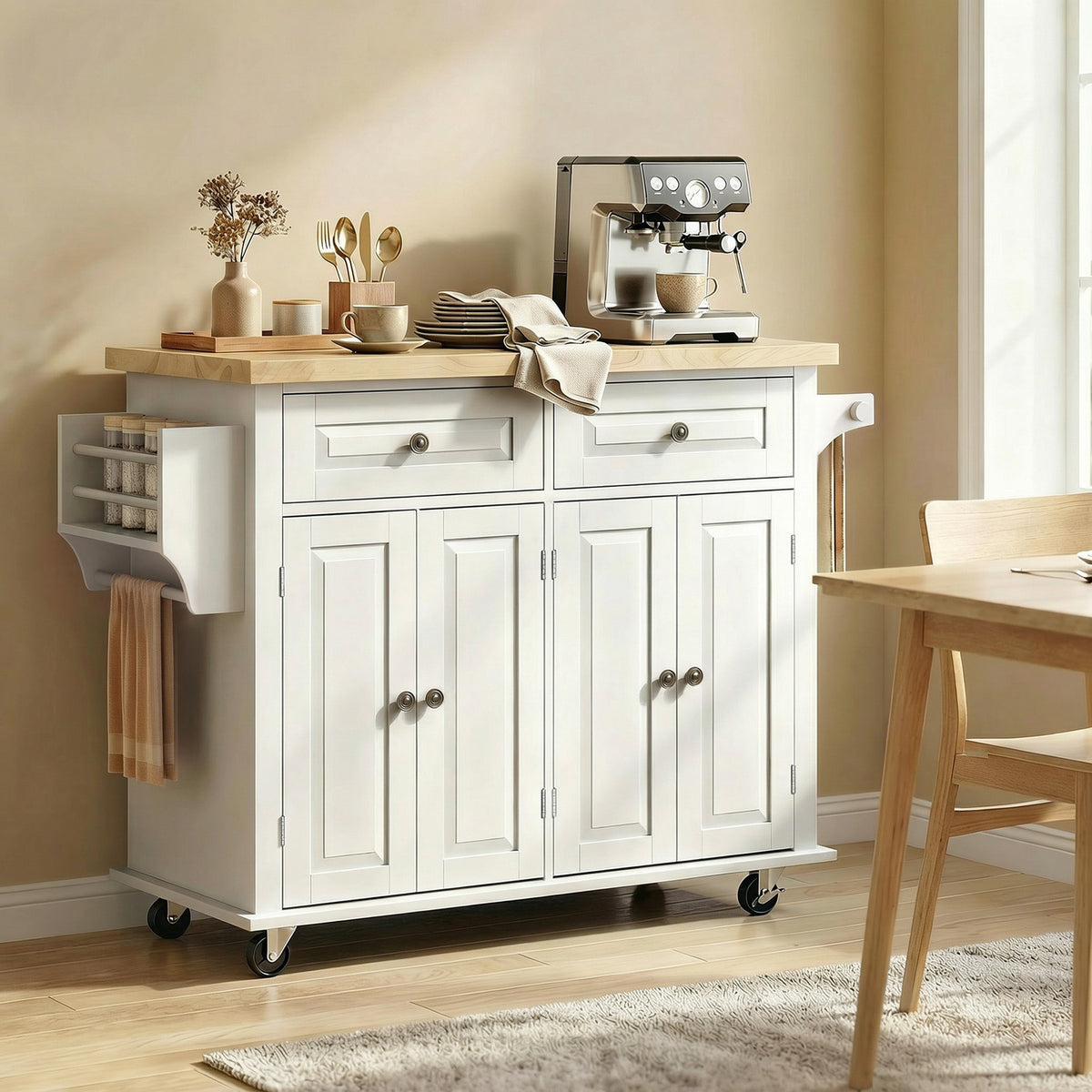 Homcom Rolling Kitchen Island Rubberwood Top Drawers Cream White Shelves