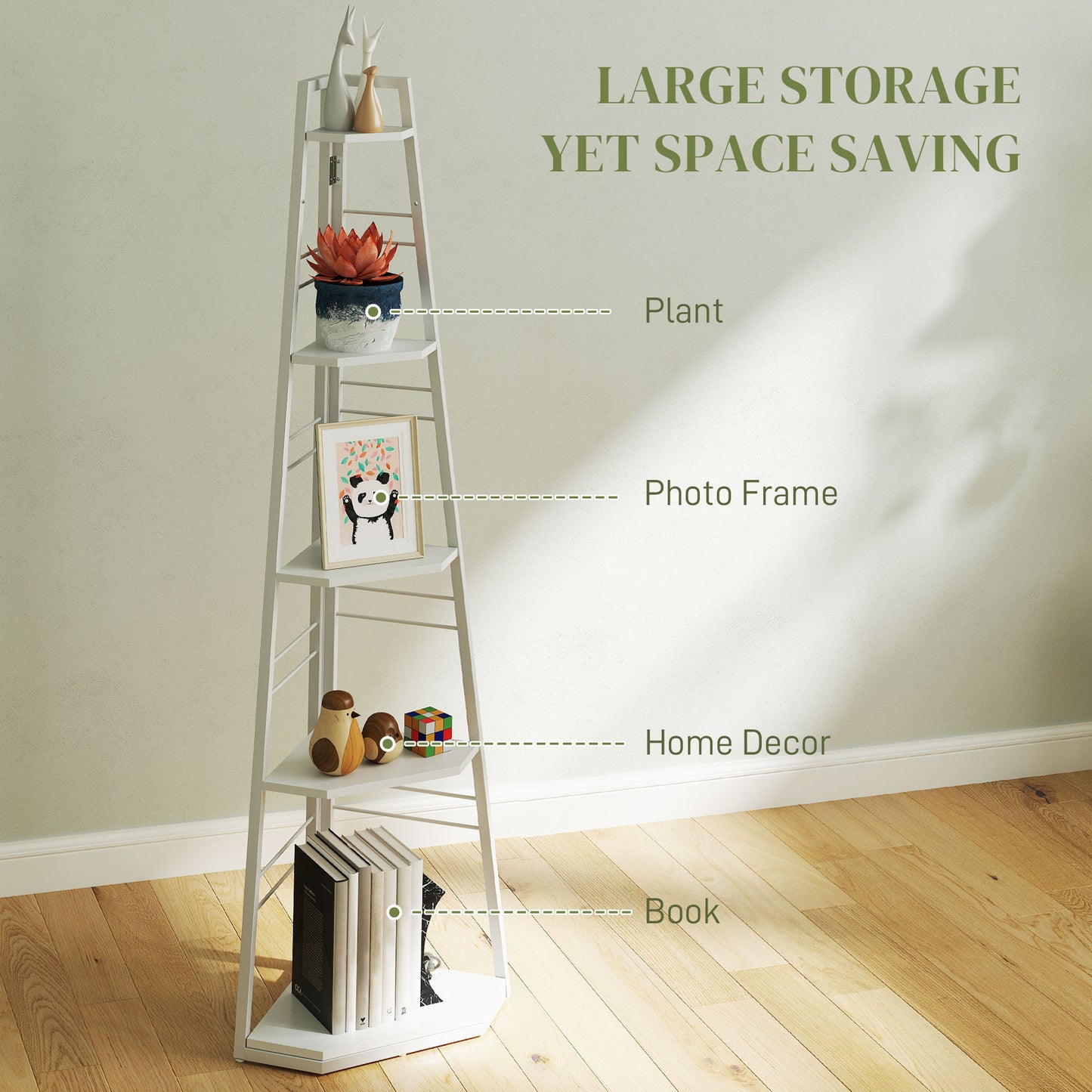 HOMCOM Five Tier Corner Shelf White with Steel Frame and Adjustable Feet for Space Saving Storage
