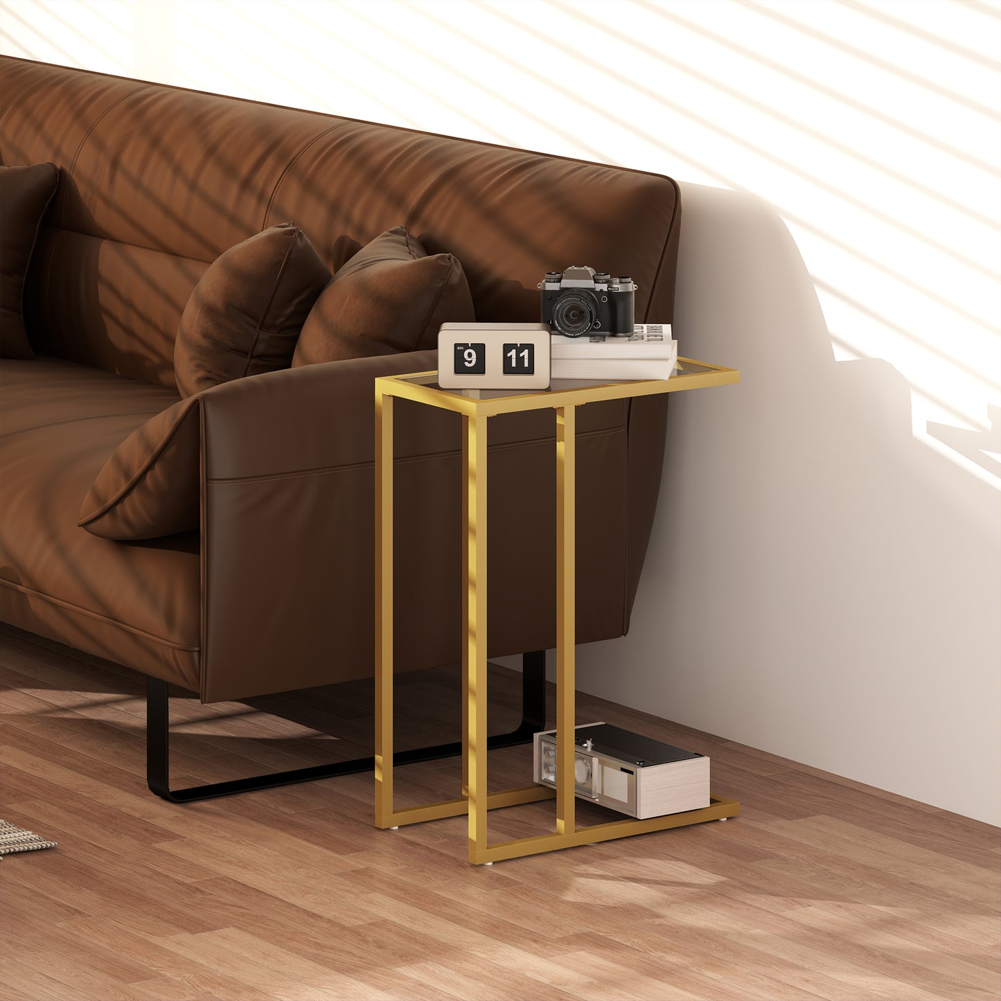 HOMCOM C Shaped Side Table With Tempered Glass Top Slim Gold Tone End Table For Small Spaces