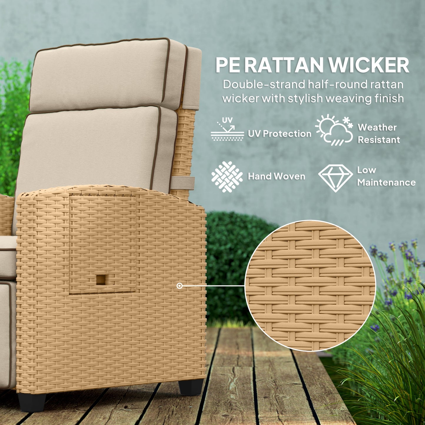 Outsunny 145 Degree Reclining Rattan Armchair With Footrest Khaki Beige Outdoor Lounge Chair