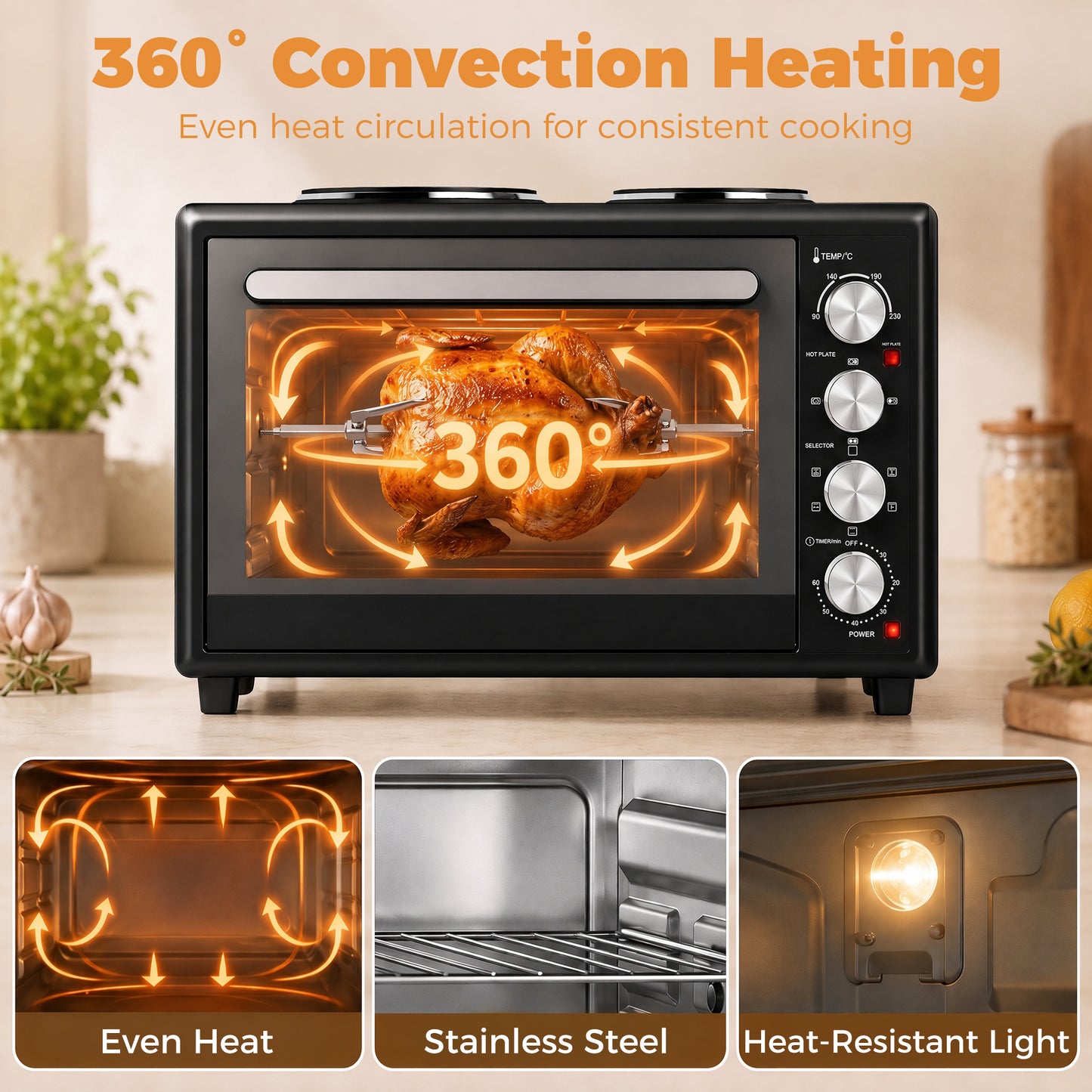 HOMCOM 36L Countertop Convection Oven With Dual Hot Plates And Adjustable Temperature