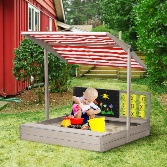 Outsunny Kids Wooden Sandpit, Sandbox w/ Canopy, Seats, for Gardens - Grey - ALL4U RETAILER LTD