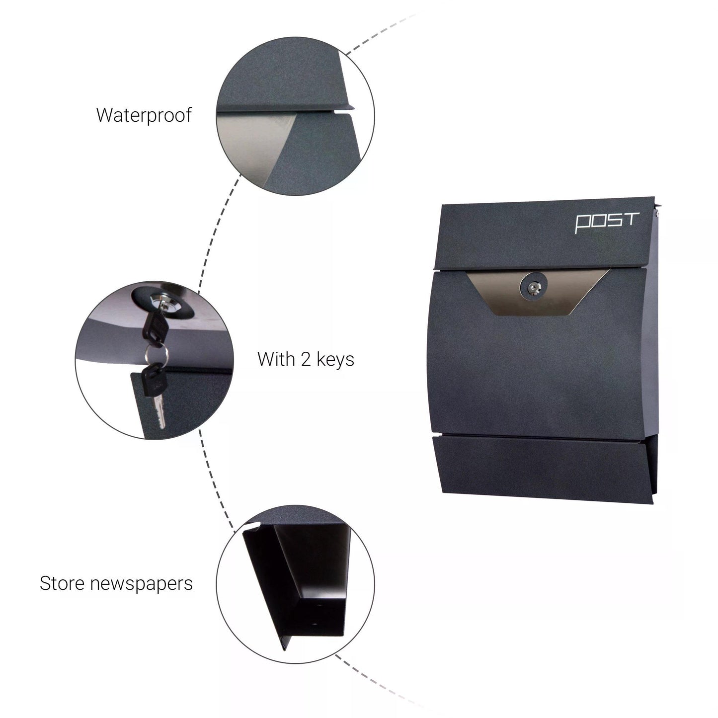 HOMCOM Steel-Grey Wall-Mounted Lockable Mailbox with Newspaper Slot - ALL4U RETAILER LTD