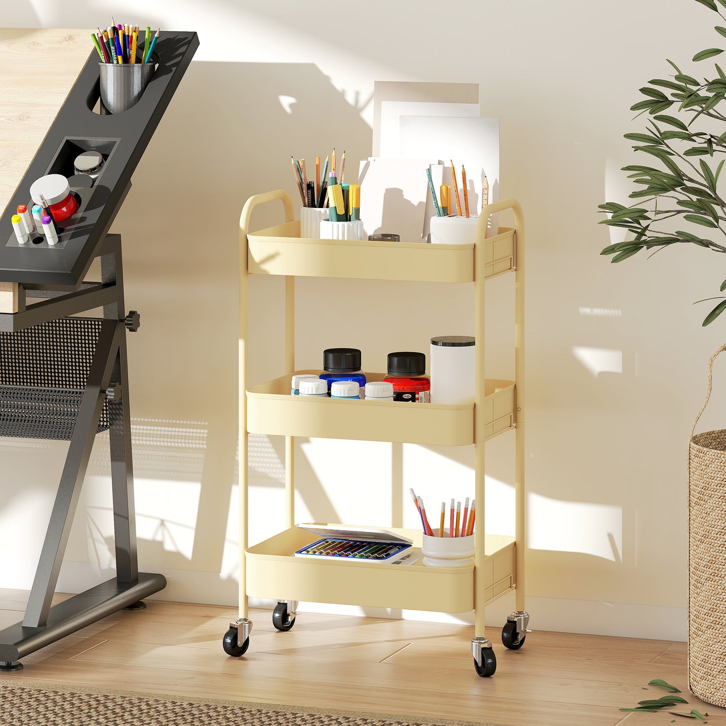 HOMCOM Three Tier Steel Storage Trolley With Baskets Yellow Rolling Cart For Kitchen Laundry Home Organization
