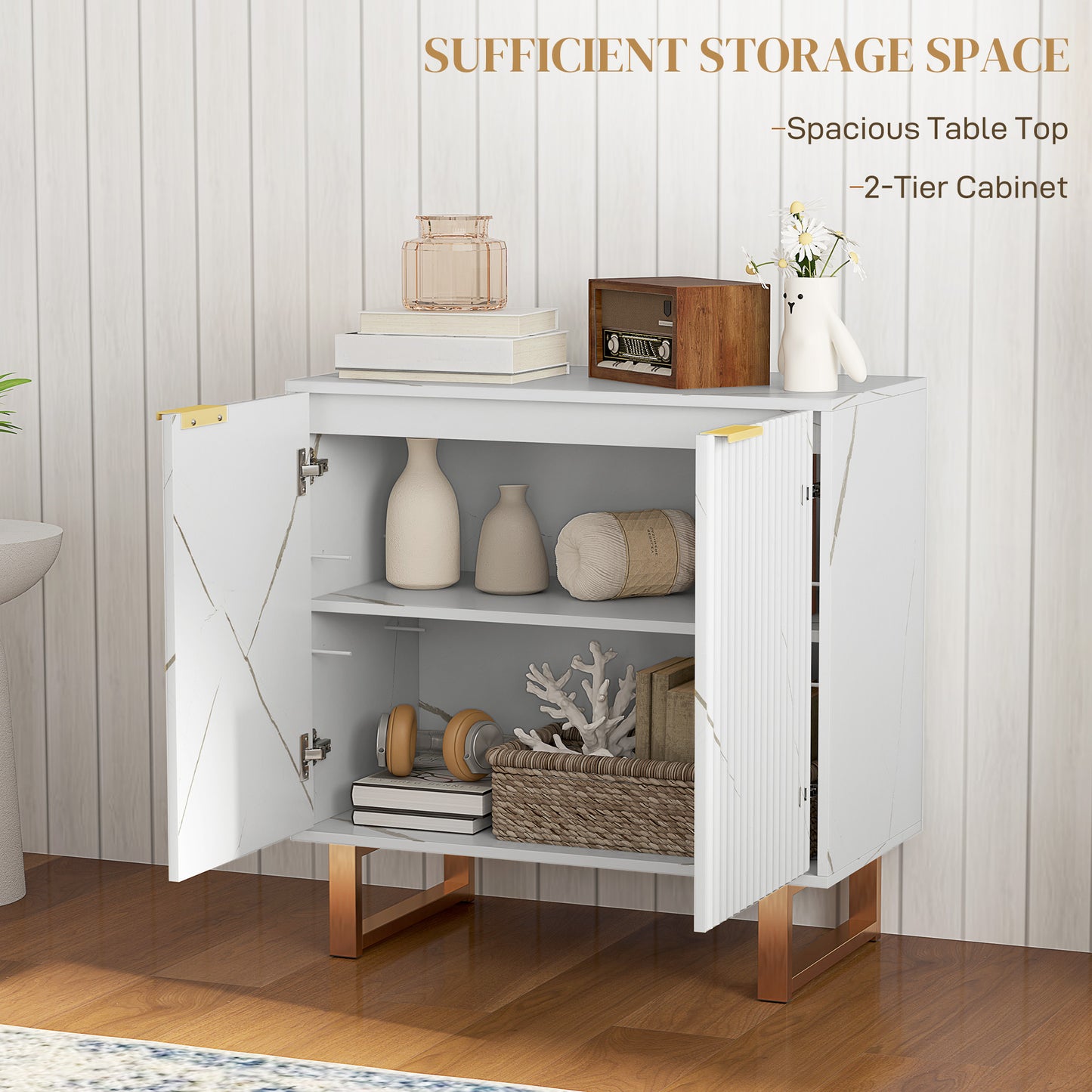 HOMCOM Elegant Storage Sideboard White and Gold Tone with Adjustable Shelves and Two Cabinets