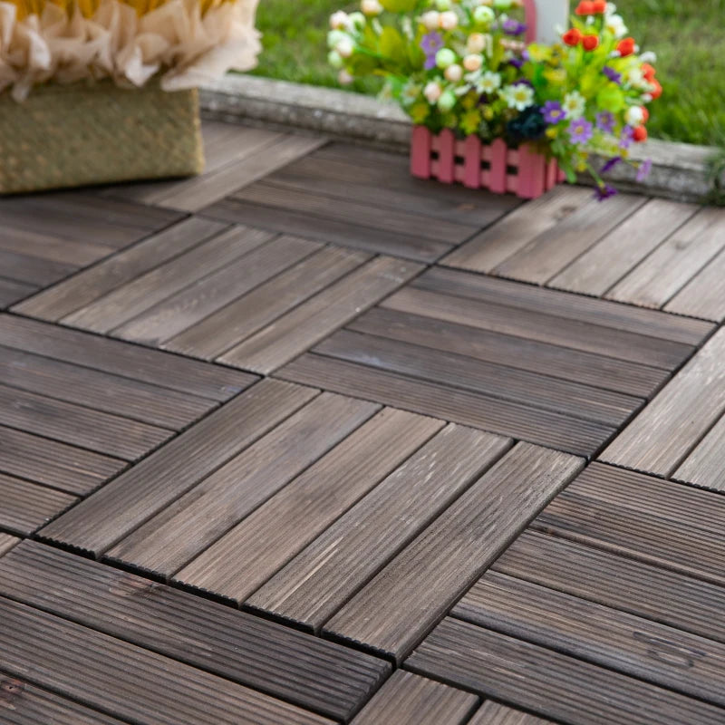 Outsunny 27 Pcs Interlocking Decking Tiles - Solid Wood for Patio, Balcony, Roof Terrace, Hot Tub - Black (30 x 30 cm Per Piece) - ALL4U RETAILER LTD