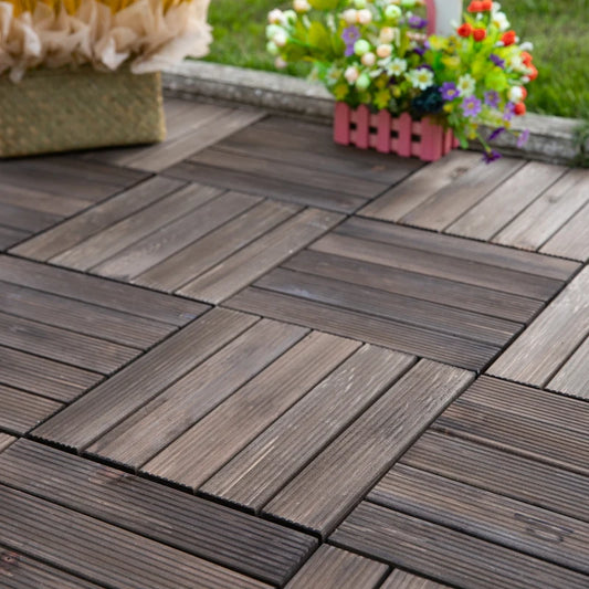 Outsunny 27 Pcs Interlocking Decking Tiles - Solid Wood for Patio, Balcony, Roof Terrace, Hot Tub - Black (30 x 30 cm Per Piece)