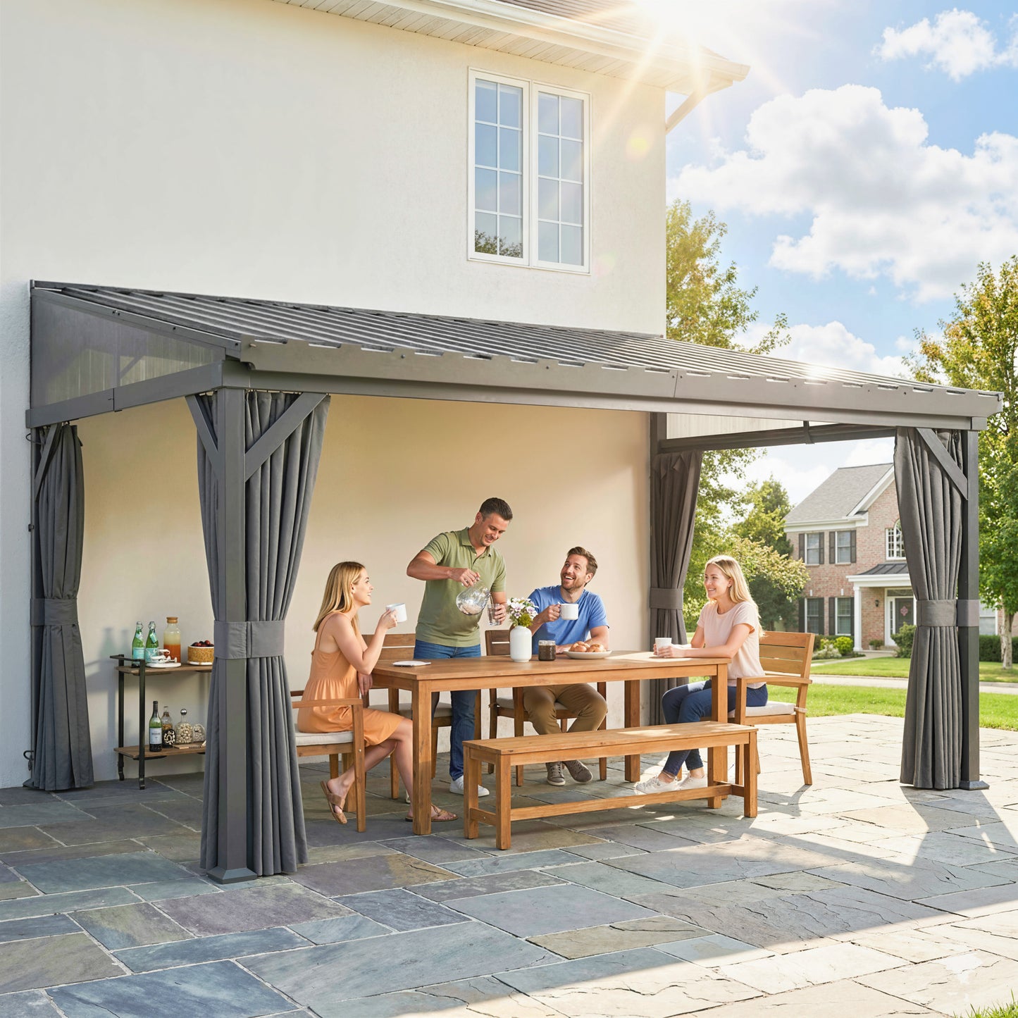 Outsunny 4.3m By 3m Garden Pergola With Galvanized Steel Roof Lean To Gazebo With Netting Curtains Dark Grey