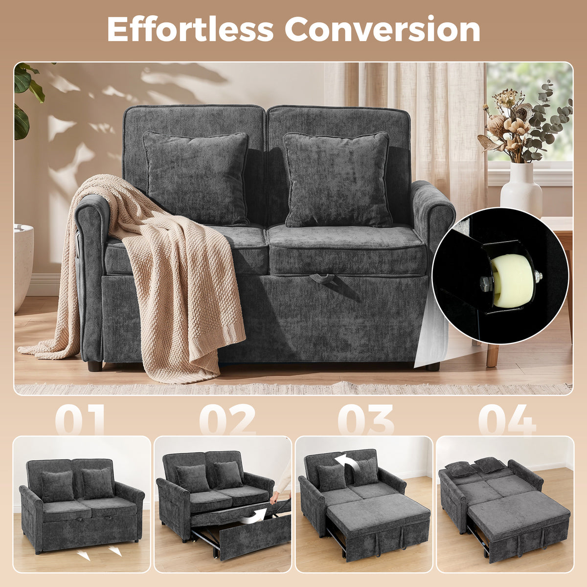 Homcom 2 Seater Sofa Bed Convertible Chenille Sleeper With Wheels Grey