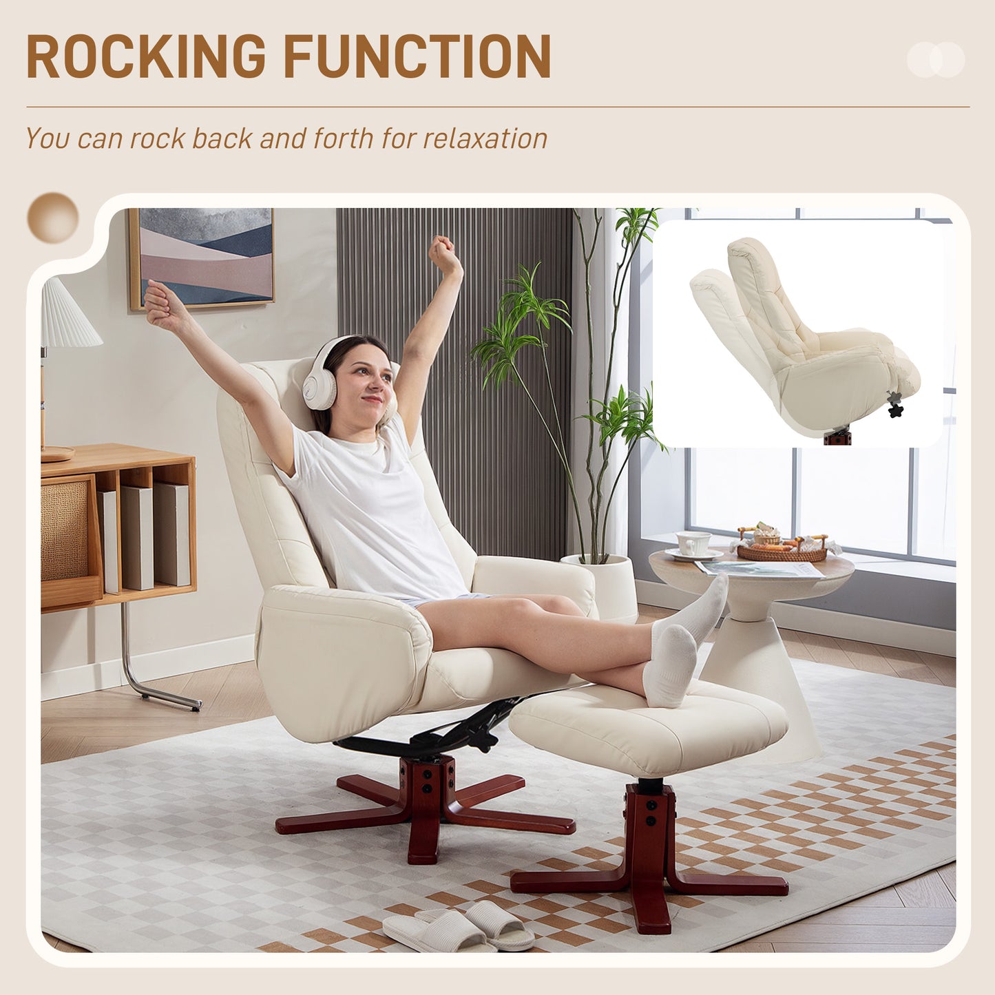 HOMCOM Rocking Recliner Chair With Footstool In Cream PU Leather For Living Room And Bedroom With Wood Base