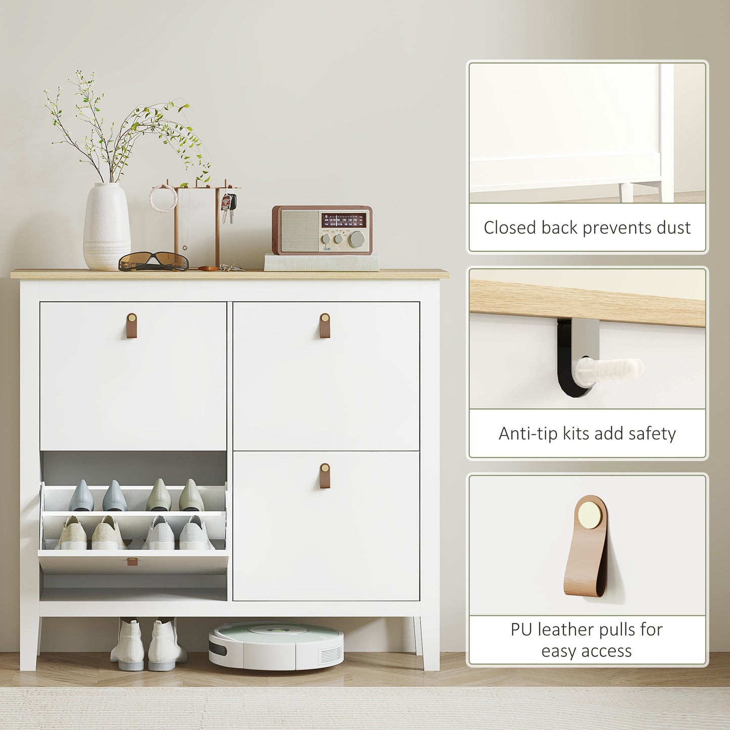 HOMCOM Modern Four Drawer Shoe Cabinet White Narrow Slim Storage For 20 Pairs UK Mens 9.5