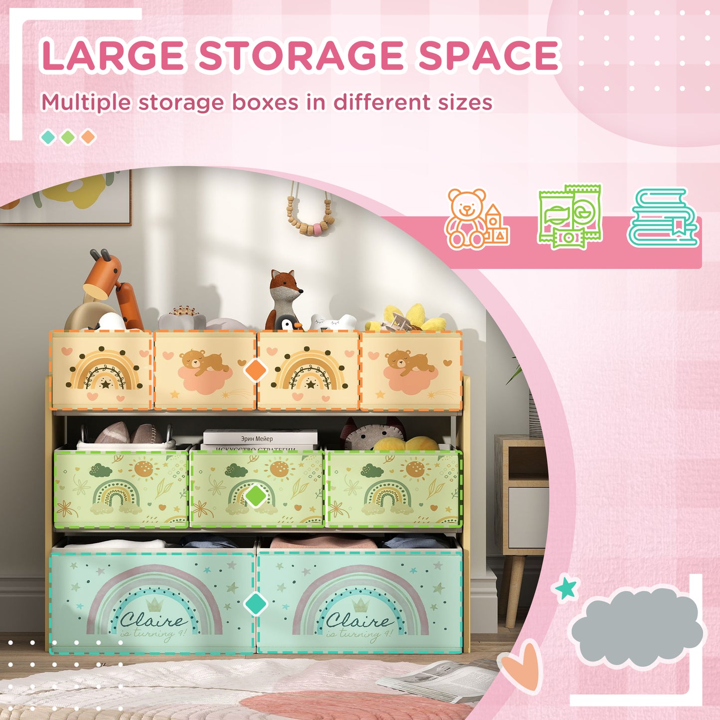 AIYAPLAY 3 Tier Kids Storage Unit With 9 Nonwoven Fabric Boxes For Toys Books Clothes Bedroom Nursery Yellow