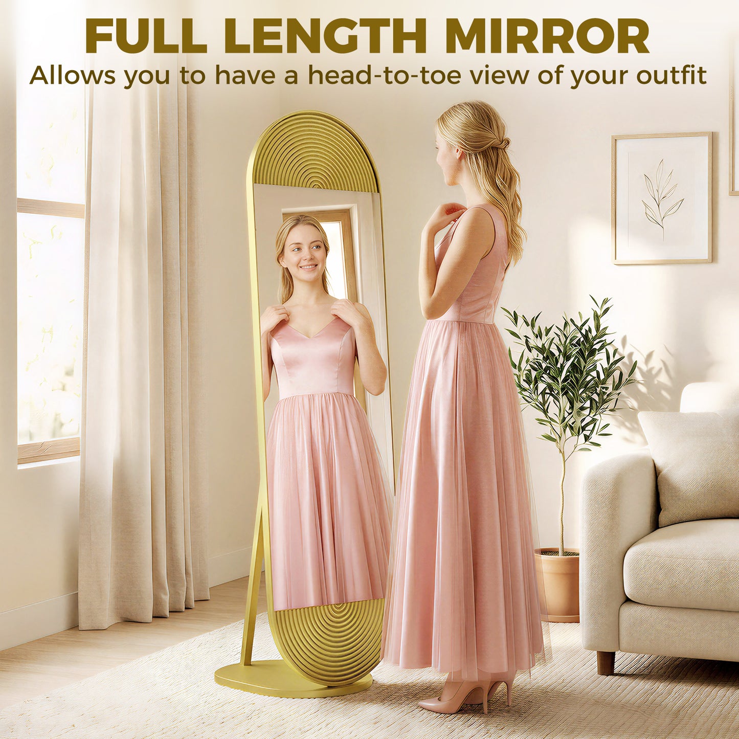 HOMCOM 161 Cm Wavy Full Length Mirror Free Standing Gold Tone Metal Frame With Solid Base