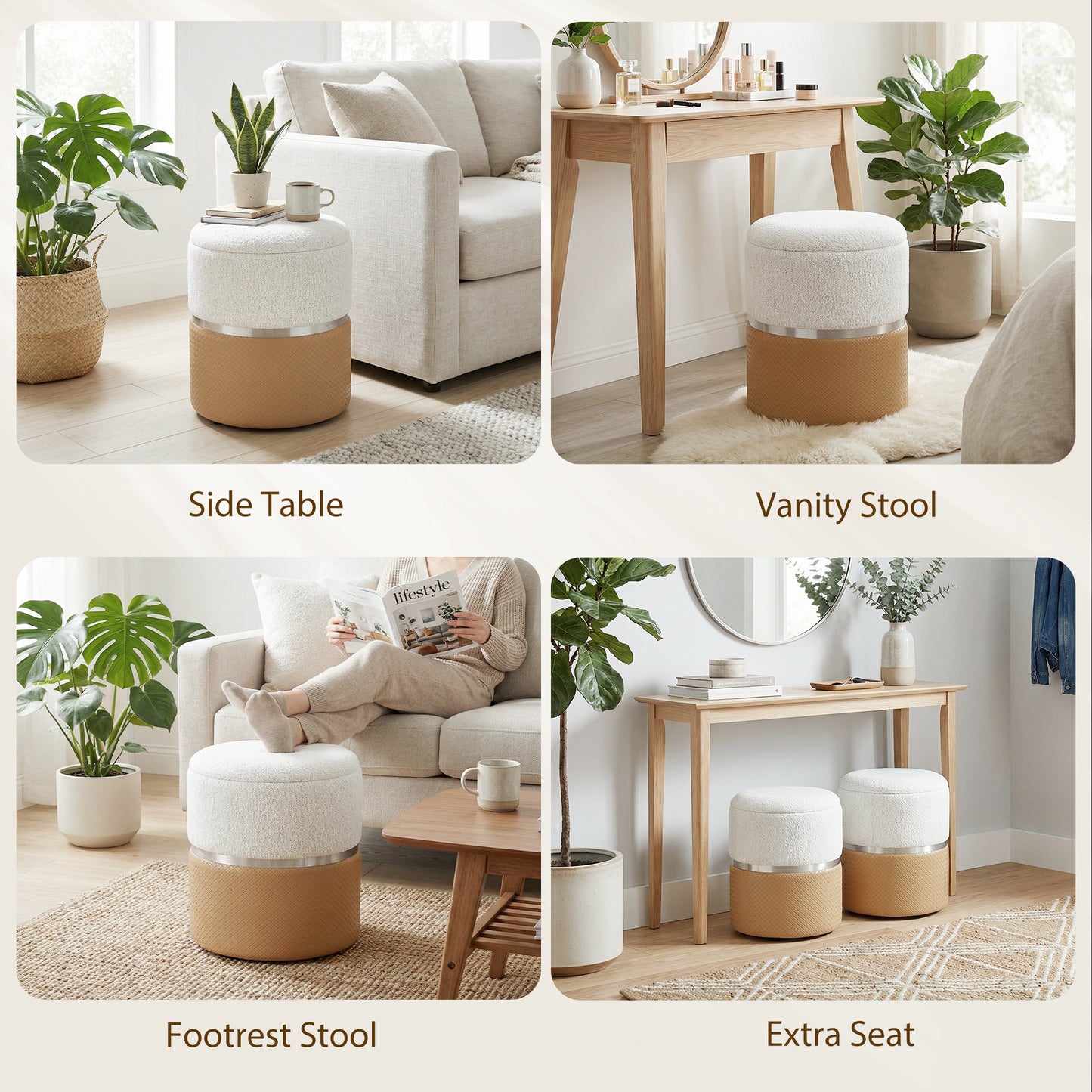 HOMCOM Nesting Round Ottomans With Storage Set Of 2 Cream And Brown Chenille Two Tone