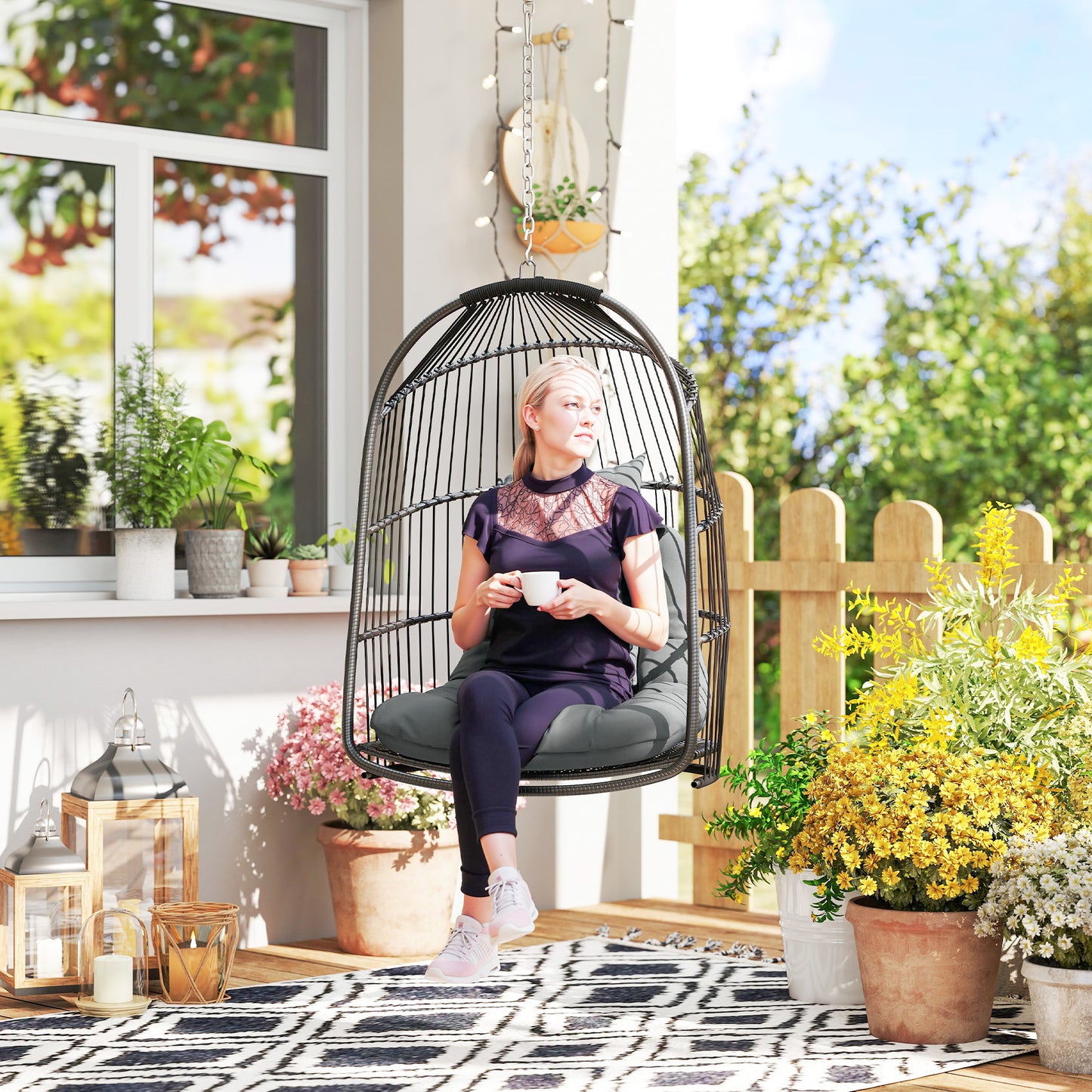 Outsunny Hanging Egg Chair With Foldable Rattan Garden Swing And Thickened Cushion For Indoor Outdoor Patio Dark Grey