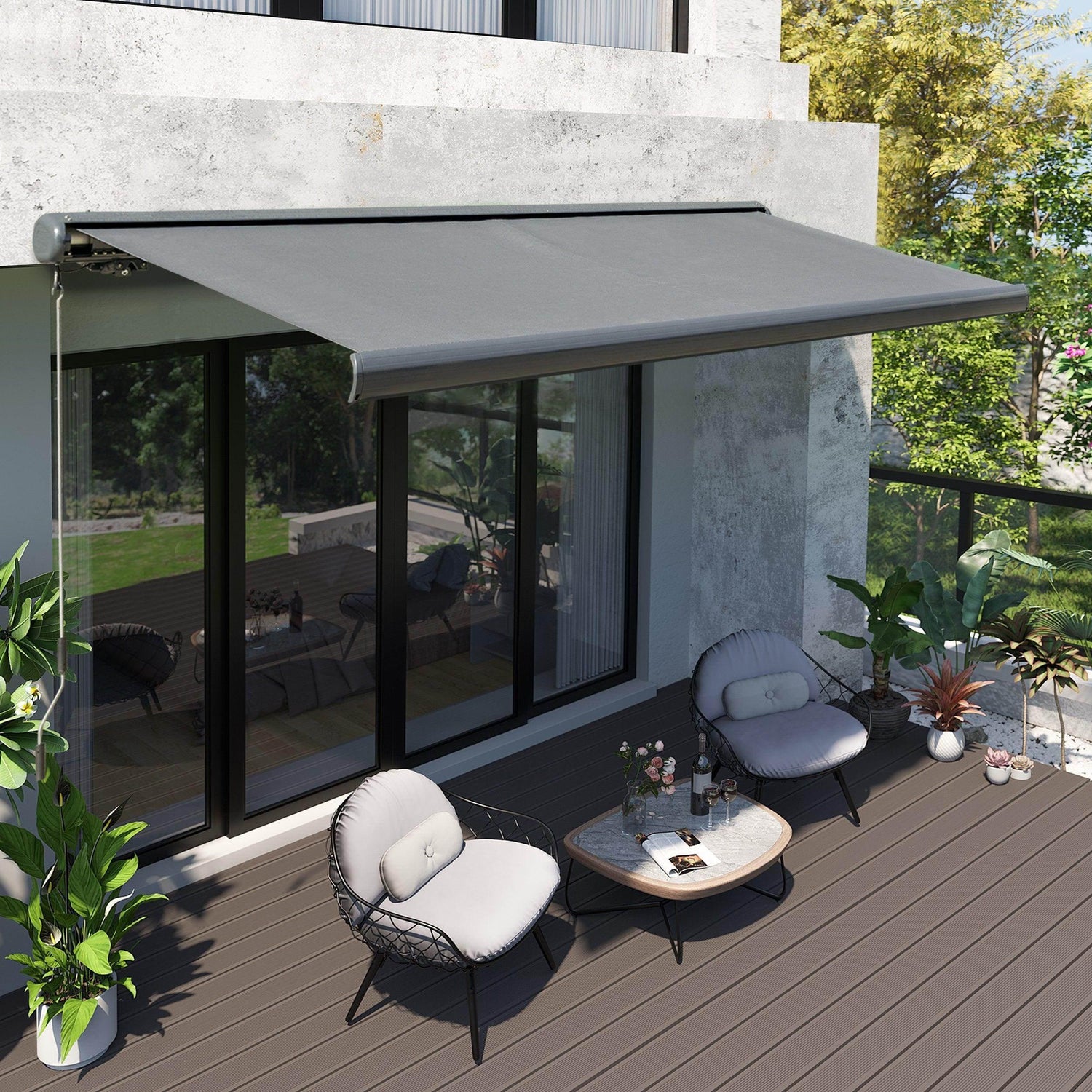 Retractable grey awning canopy with dark frame and side supports above a patio doorway