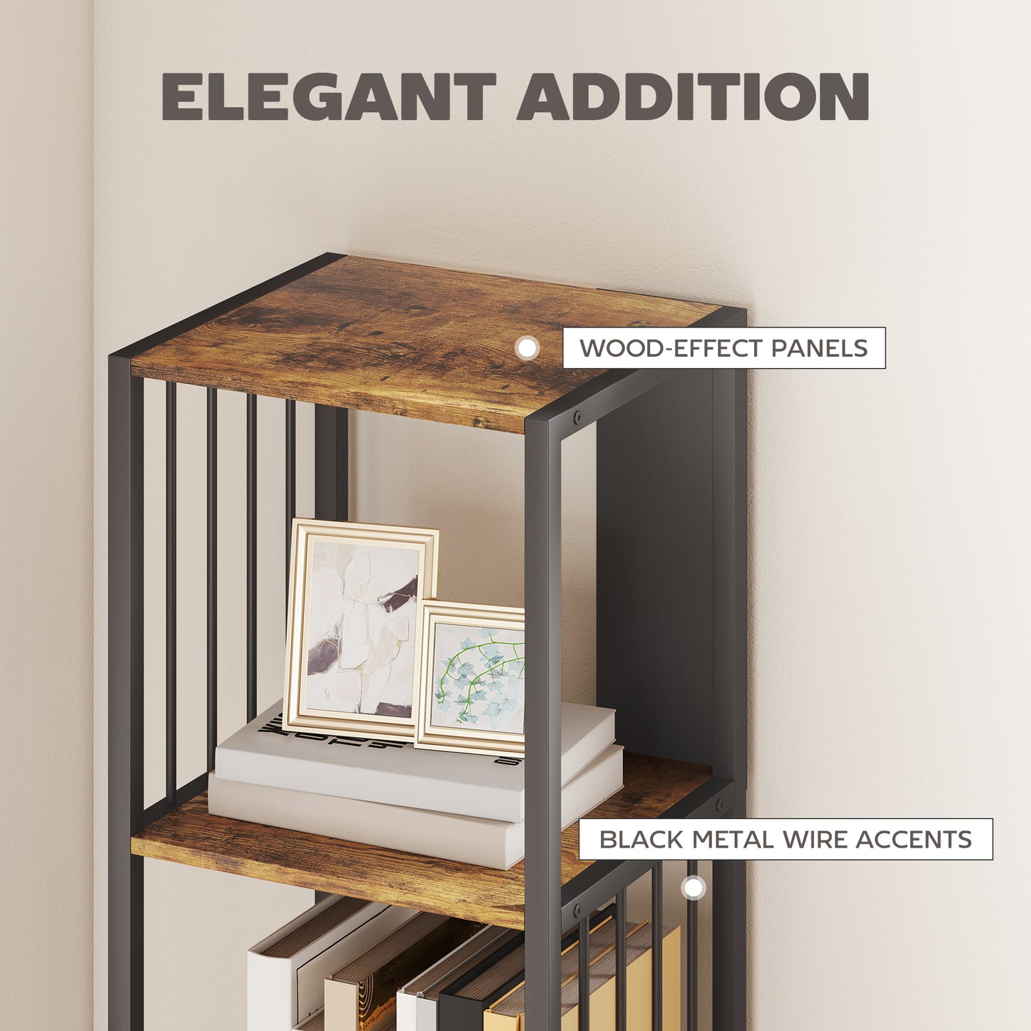 HOMCOM 5 Tier Bookshelf With Steel Frame Rustic Brown Wood Effect Five Open Shelves Anti Tip Straps 60 Kg Capacity
