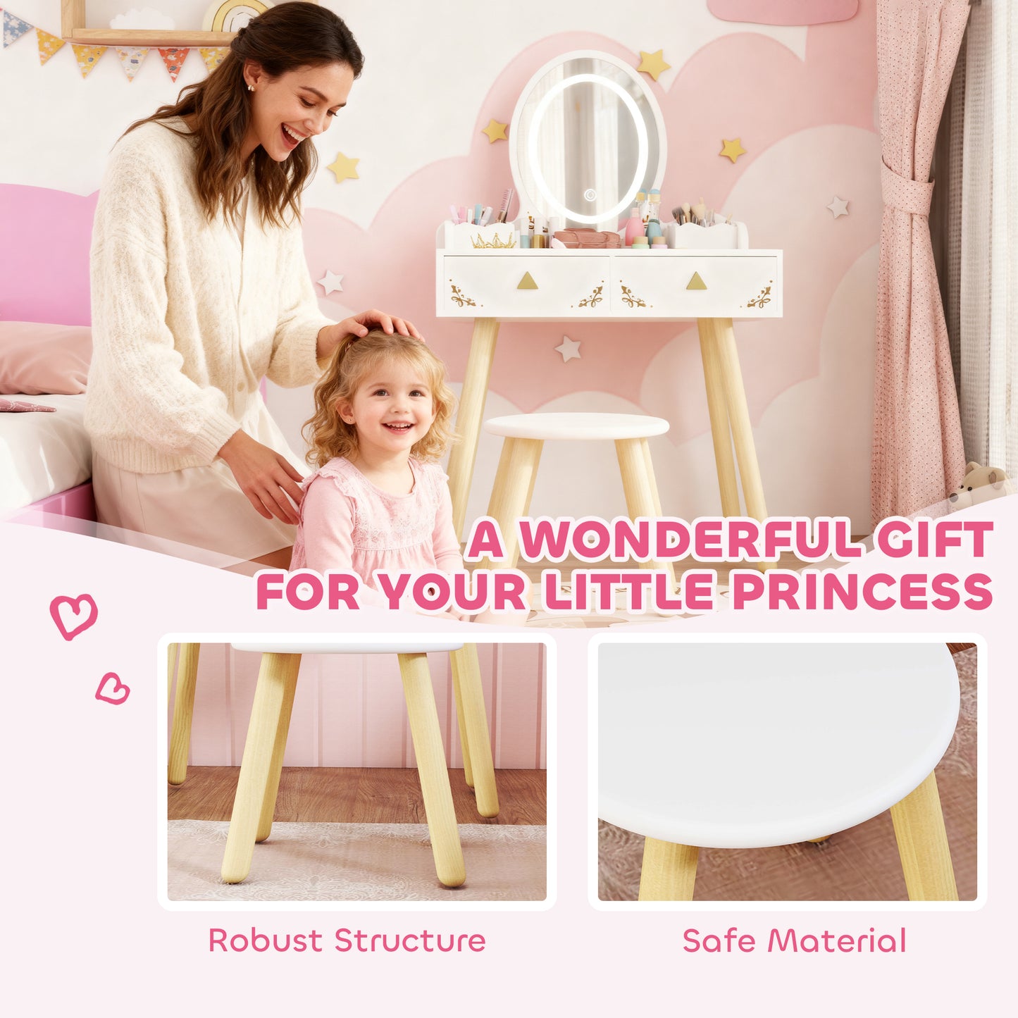 AIYAPLAY Kids Vanity Table And Chair Set With 3 Color LED Lights Mirror And Storage Drawers For Ages 3 And Up White