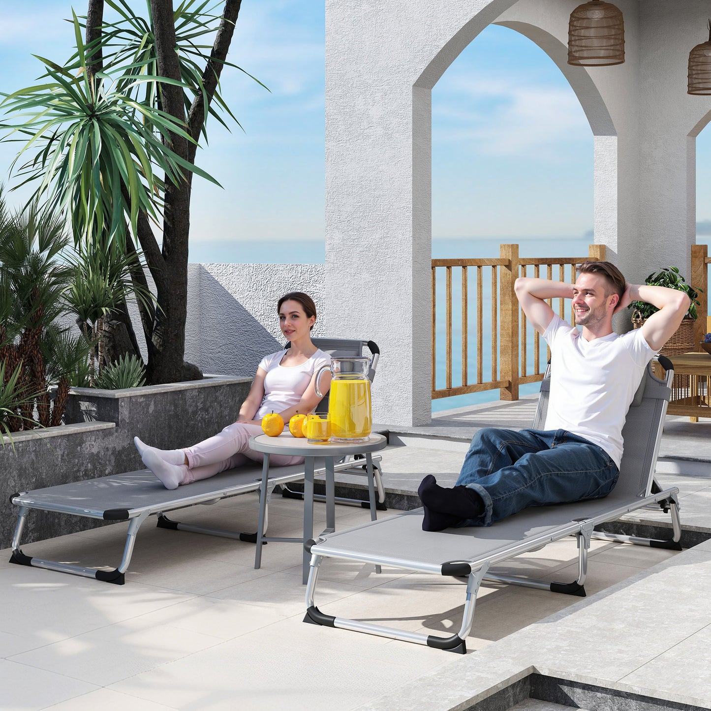Outsunny Foldable Outdoor Sun Lounger Set Of 2 With Pillow 4 Level Adjustable Back Aluminium Frame Light Grey