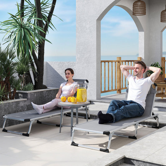 Outsunny Foldable Outdoor Sun Lounger Set Of 2 With Pillow 4 Level Adjustable Back Aluminium Frame Light Grey