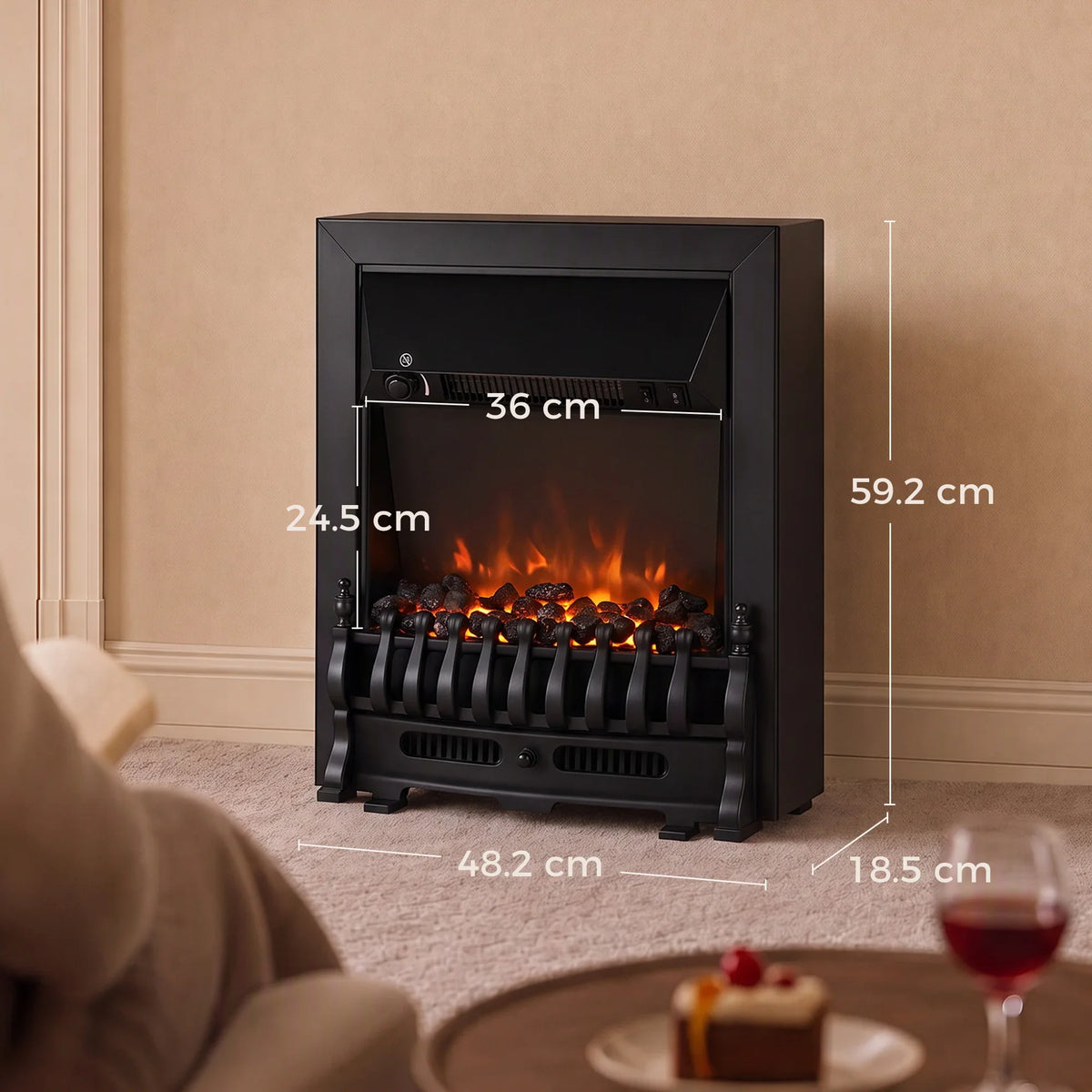 Black electric fireplace stove with inset frame and shown size measurements