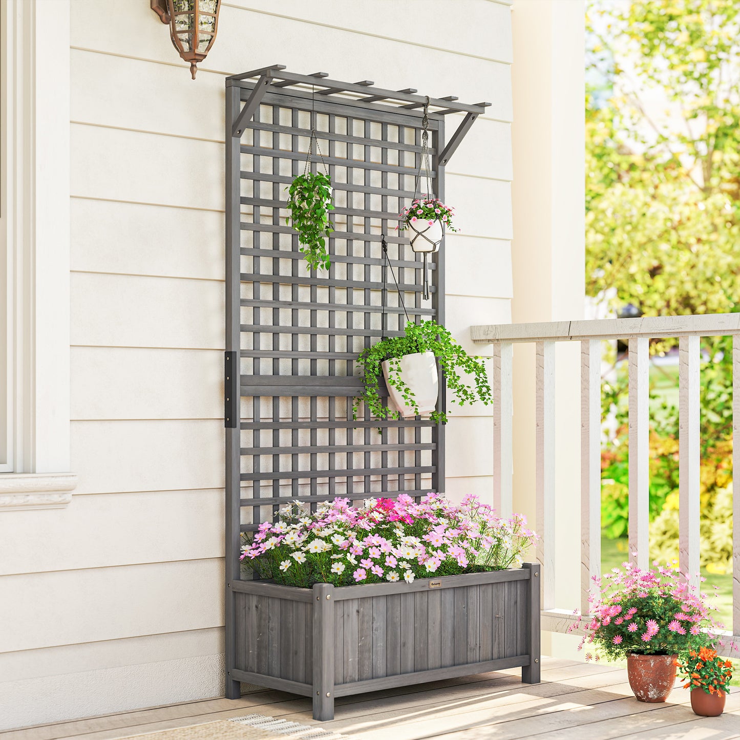 Outsunny Raised Bed Planter With Trellis For Climbing Plants Drainage Holes Dark Grey Fir Wood Planter