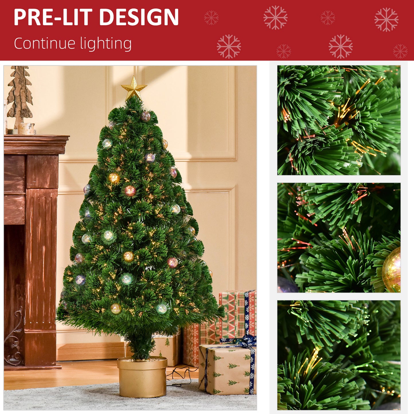 HOMCOM 4FT Illuminated Fiber Optic Christmas Tree with Golden Stand – Festive Indoor Holiday Decoration in Green - ALL4U RETAILER LTD