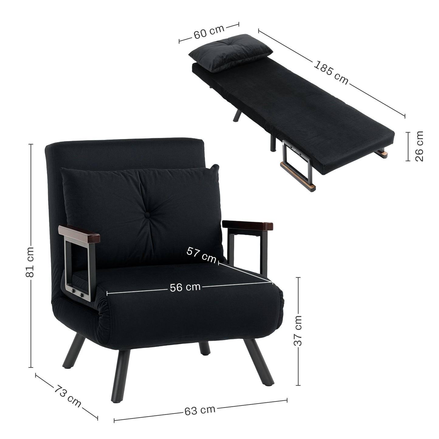 HOMCOM 4 In 1 Velvet Feel Single Chair Bed With Pillow Black Folding Sofa Bed For Living Room