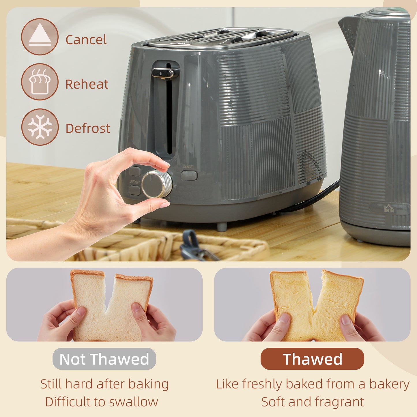 HOMCOM Grey Kettle And Toaster Set 1.7L 3000W Fast Boil Kettle 2 Slice Toaster With 7 Level Browning Boil Dry Protection
