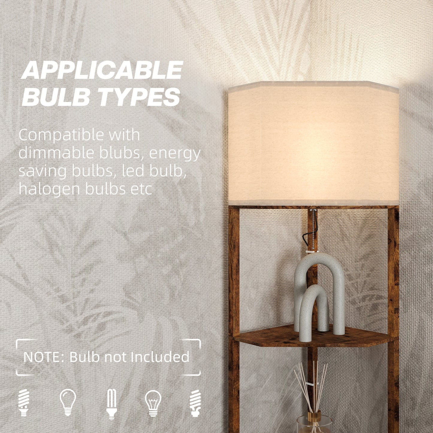 HOMCOM Corner Floor Lamp With Shelves Triangle Wood Effect Design Pull Chain Top Light Soft Fabric Shade