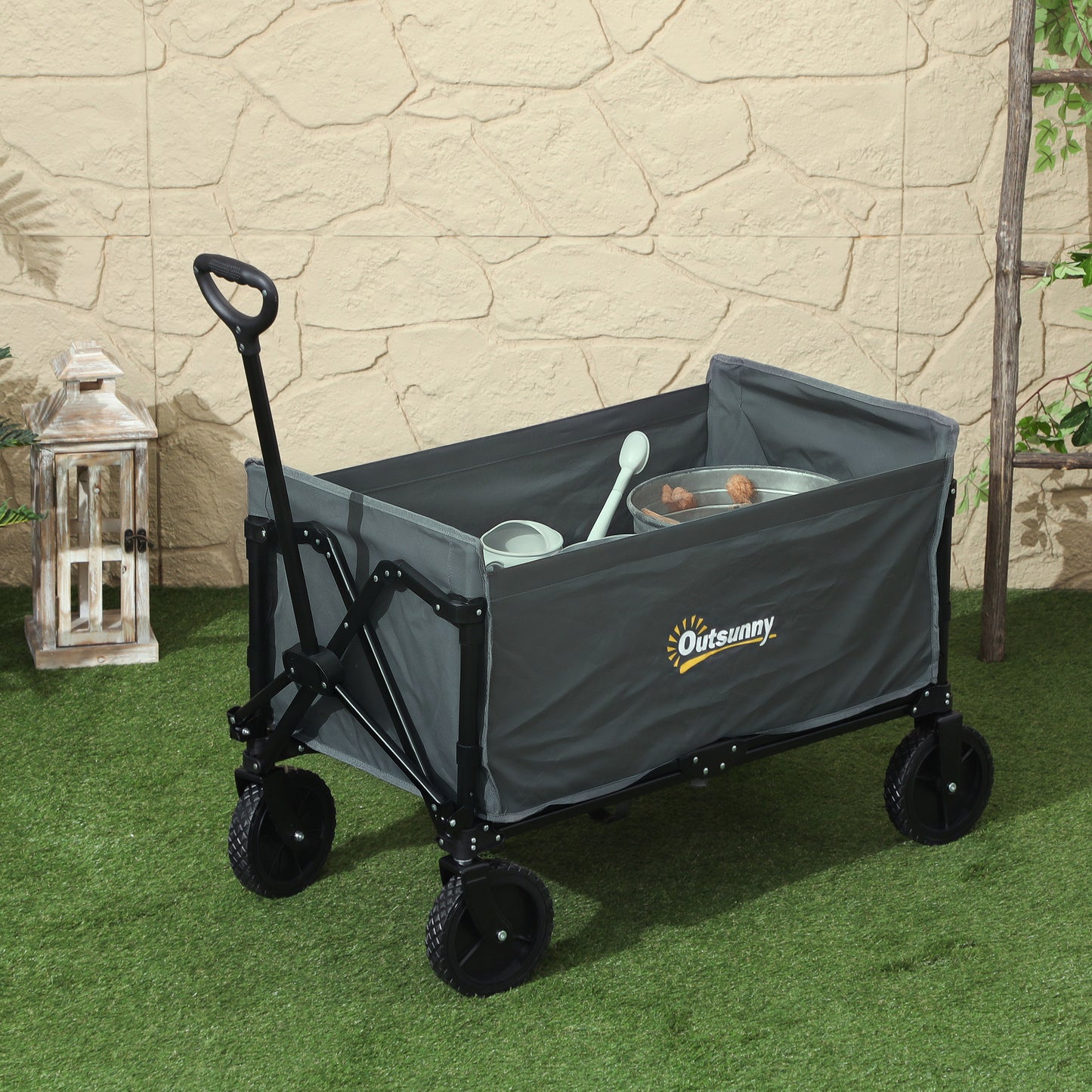 Outsunny 120L Trolley On Wheels Folding Camping Trolley Cart With Adjustable Handle For Garden Beach Fishing Grey