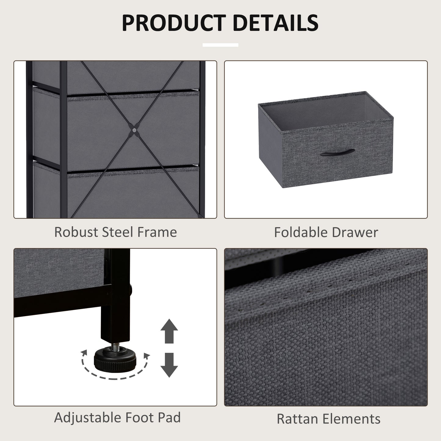 HOMCOM Fabric Chest of Drawers With 5 Fabric Drawers Industrial Steel Frame And Wooden Top Dark Grey