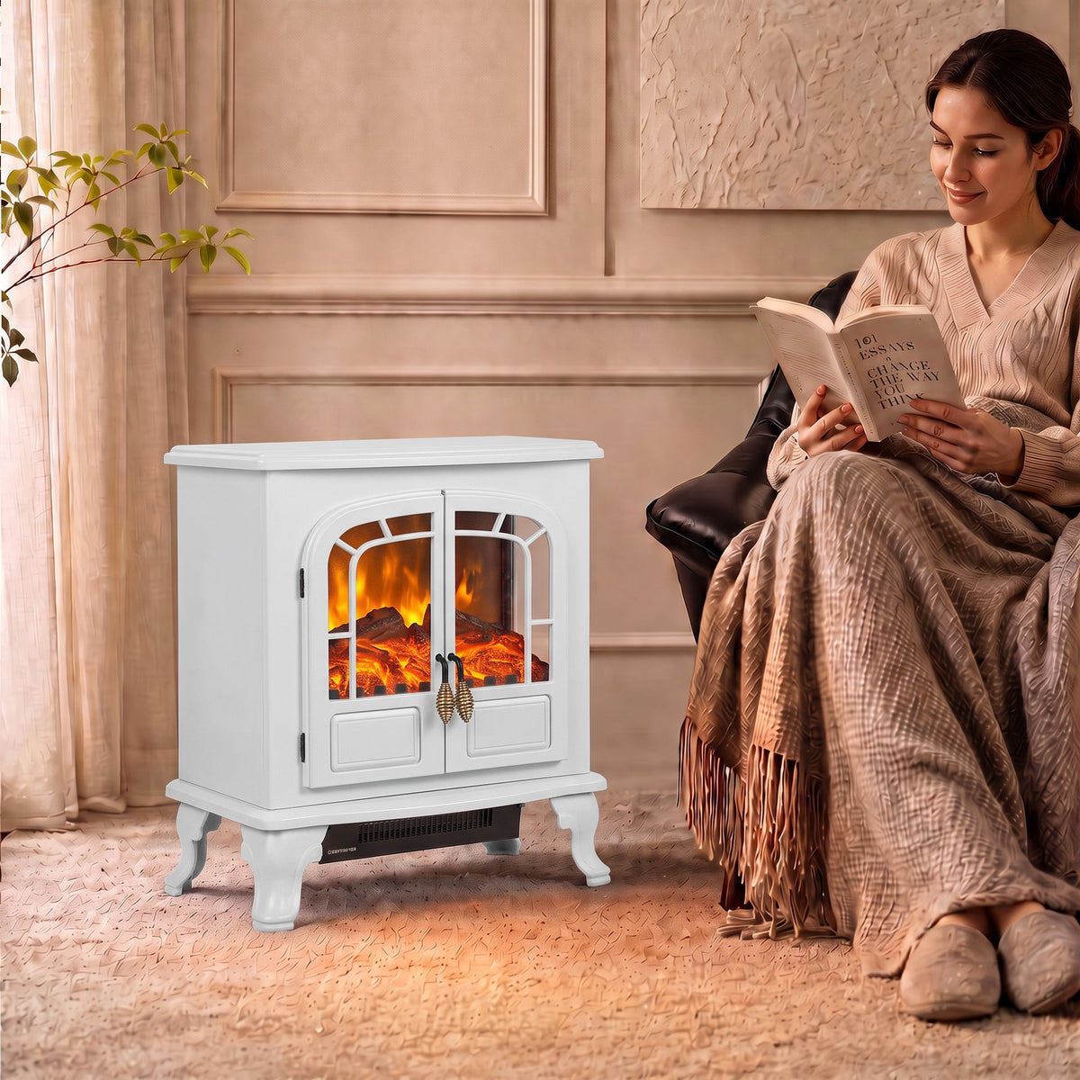 Homcom White Freestanding Electric Fireplace Heater With Led Flames