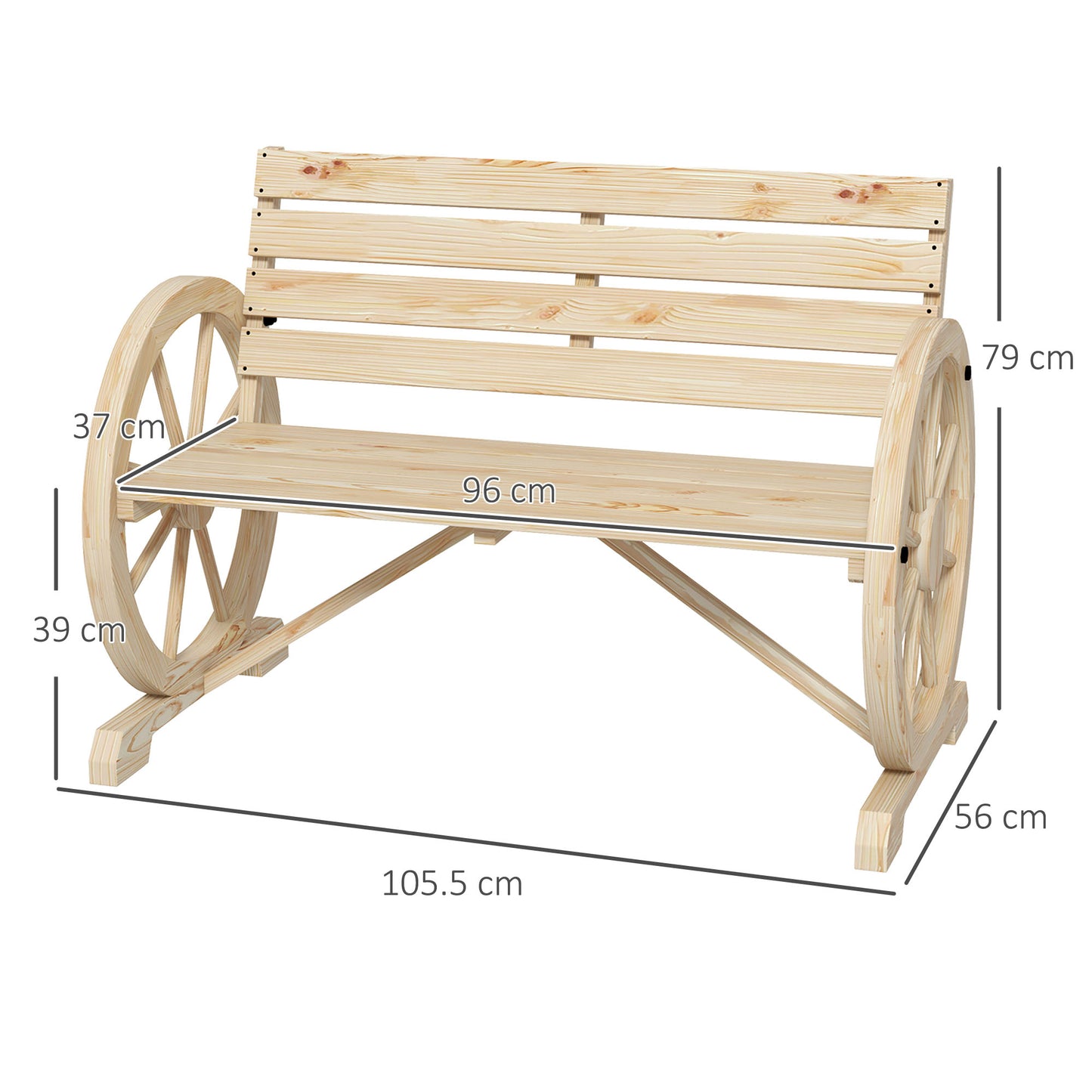 Outsunny Wagon Wheel Chair Bench With Armrests Rustic Loveseat For Outdoor Garden Patio Natural Wood Finish