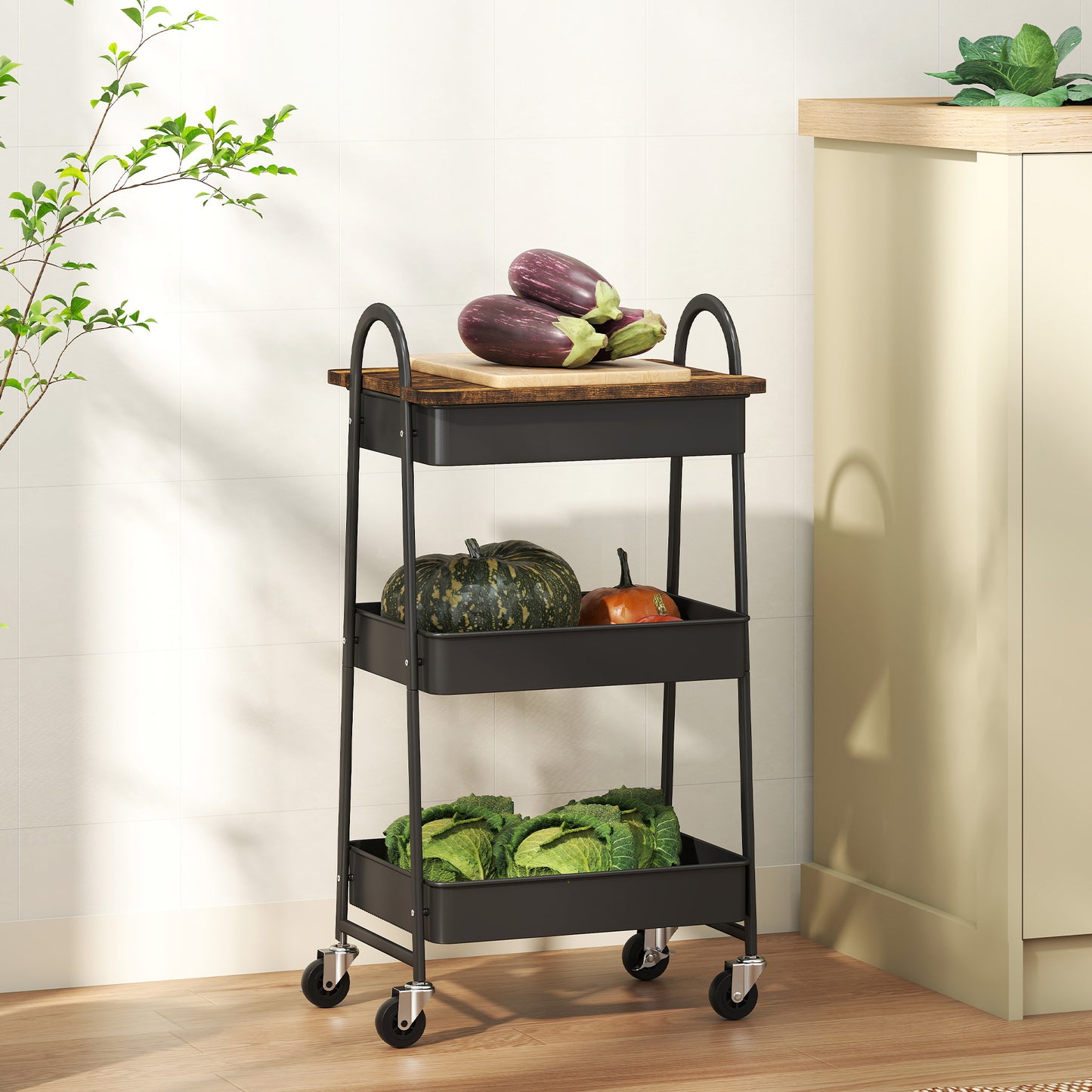 HOMCOM 3 Tier Kitchen Storage Trolley On Wheels With Cover Top Board Rustic Brown And Black