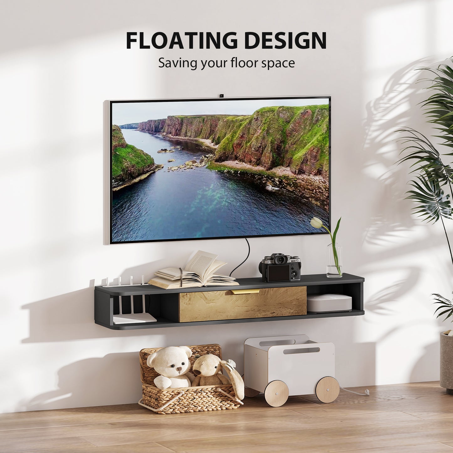 HOMCOM 120 Cm Floating TV Stand With Storage Charcoal Grey Wall Mounted Cable Management Console For Modern Living Rooms