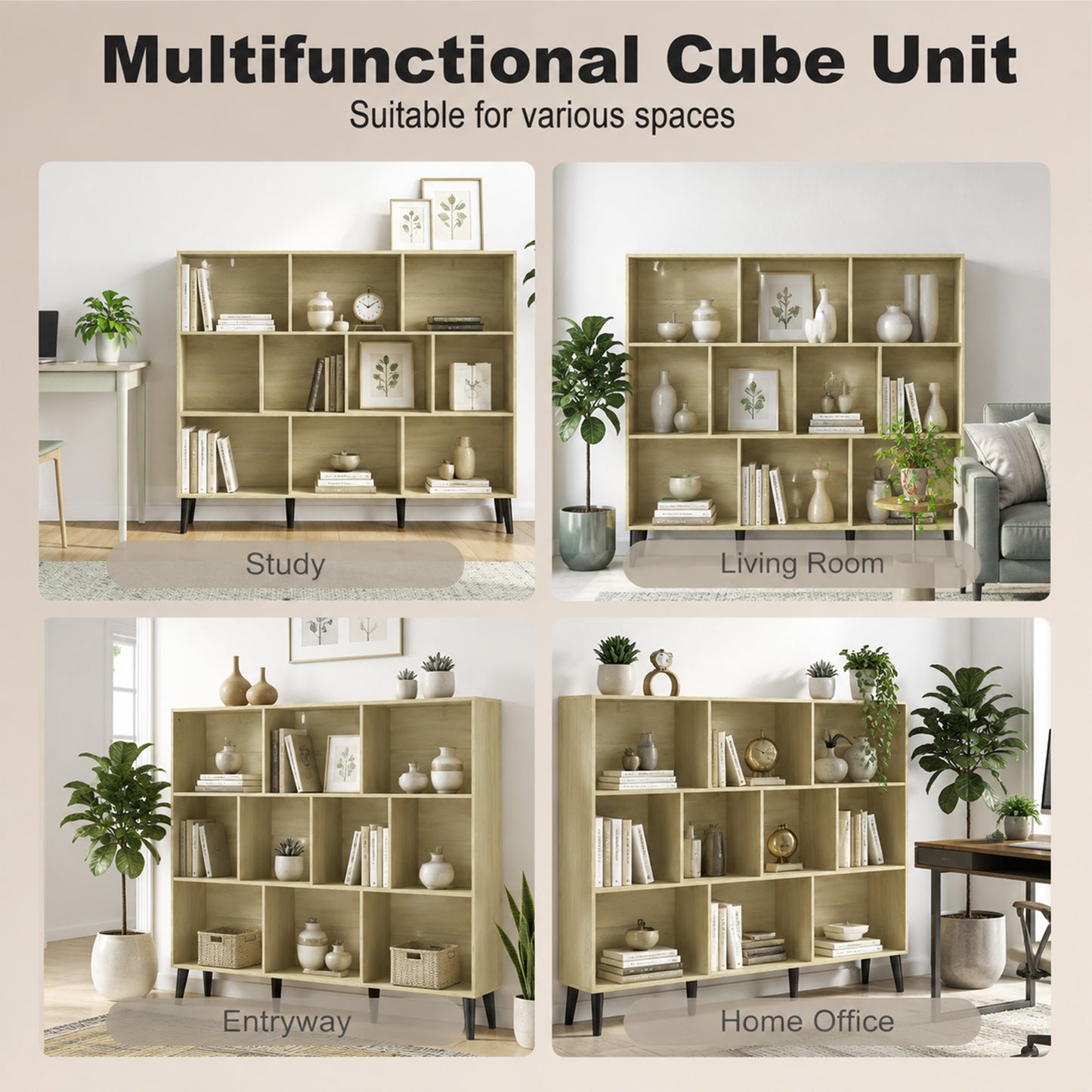 HOMCOM 10 Cube Modern Bookcase With Solid Wood Legs And Anti Tip Kit In Oak