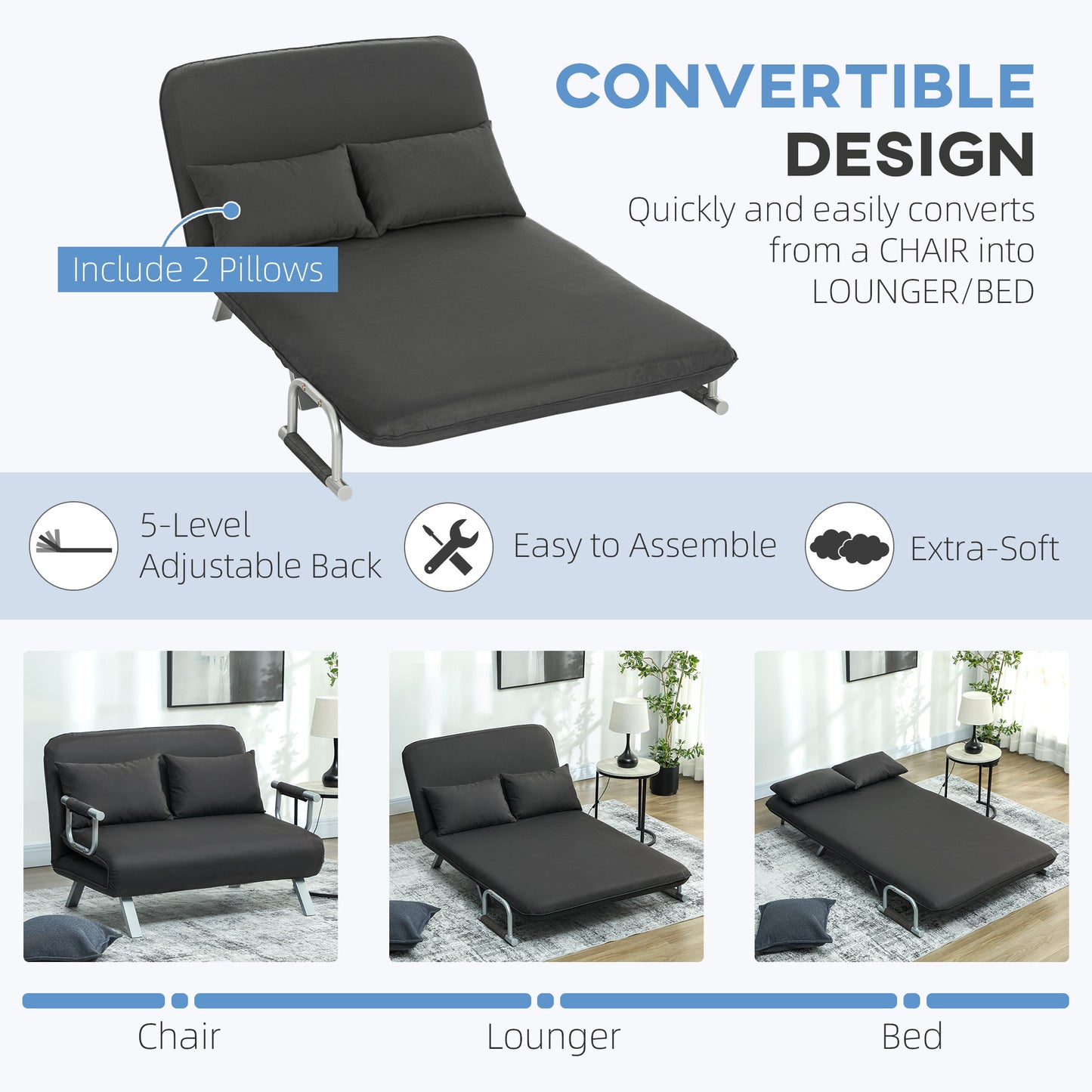 HOMCOM Two Seater Click Clack Sofa Bed Charcoal Grey Faux Suede Upholstery With Five Position Adjustable Back