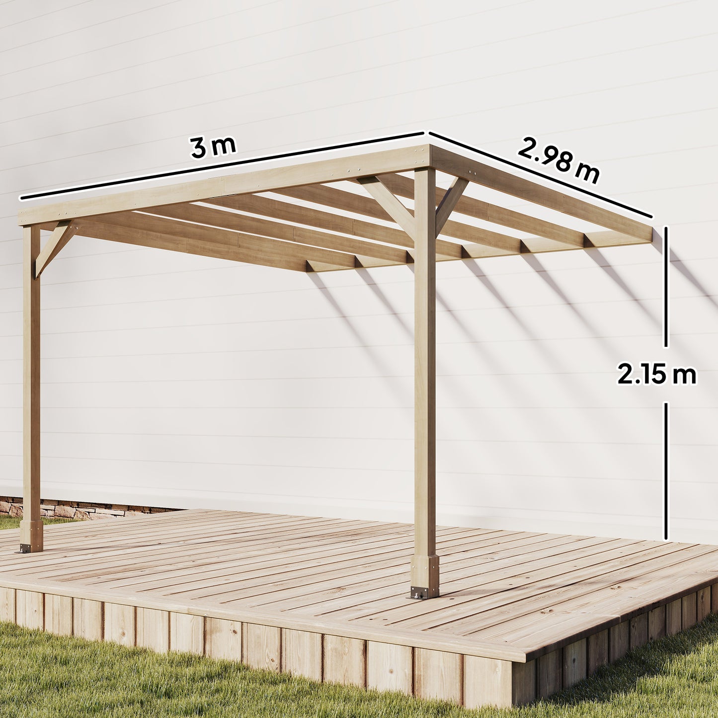 Outsunny Lean To Wooden Pergola Kit Garden Gazebo With Stable Structure And Concrete Anchors 3 x 3 m Light Brown