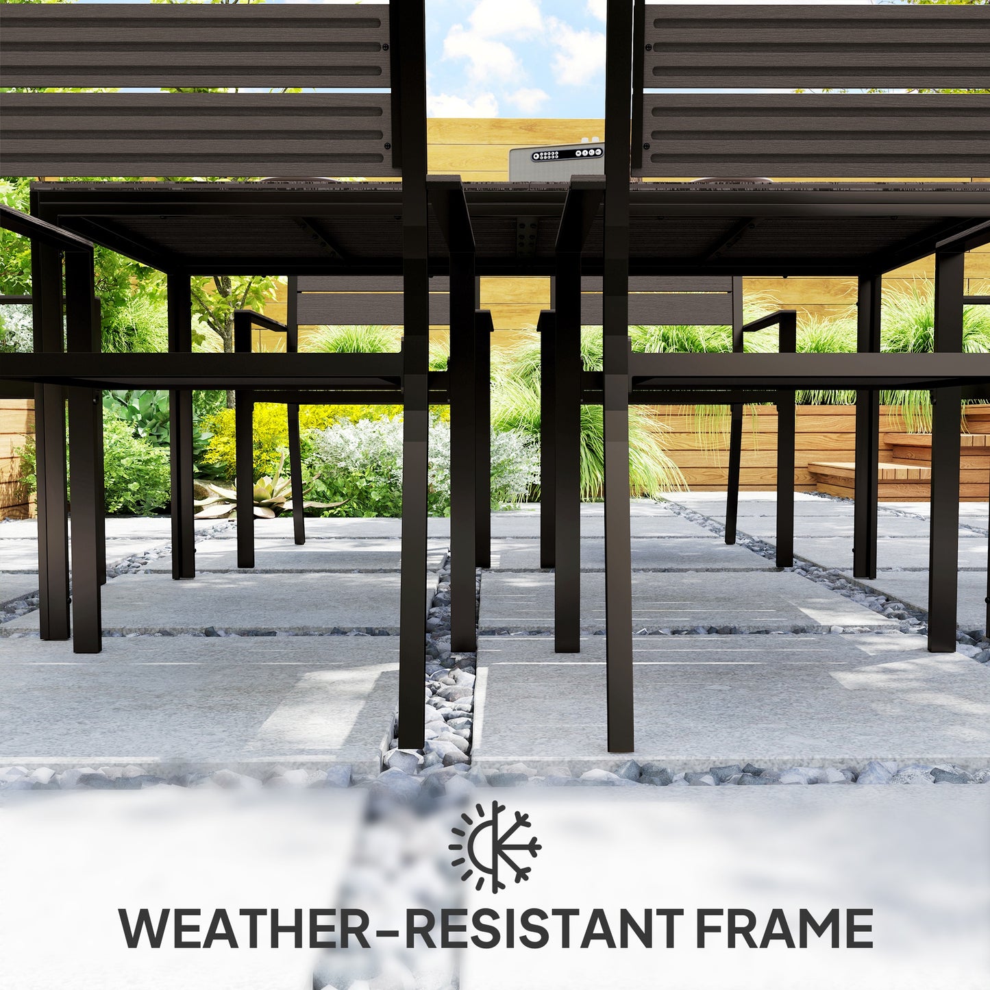 Outsunny Seven Piece Outdoor Dining Set With Six Stackable Chairs Brown For Patio And Garden Slatted Plastic Table