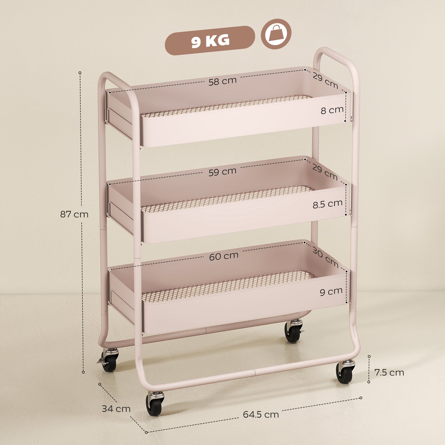 HOMCOM Three Tier Storage Trolley On Wheels With Mesh Baskets In Light Pink For Kitchen Bathroom And Bedroom