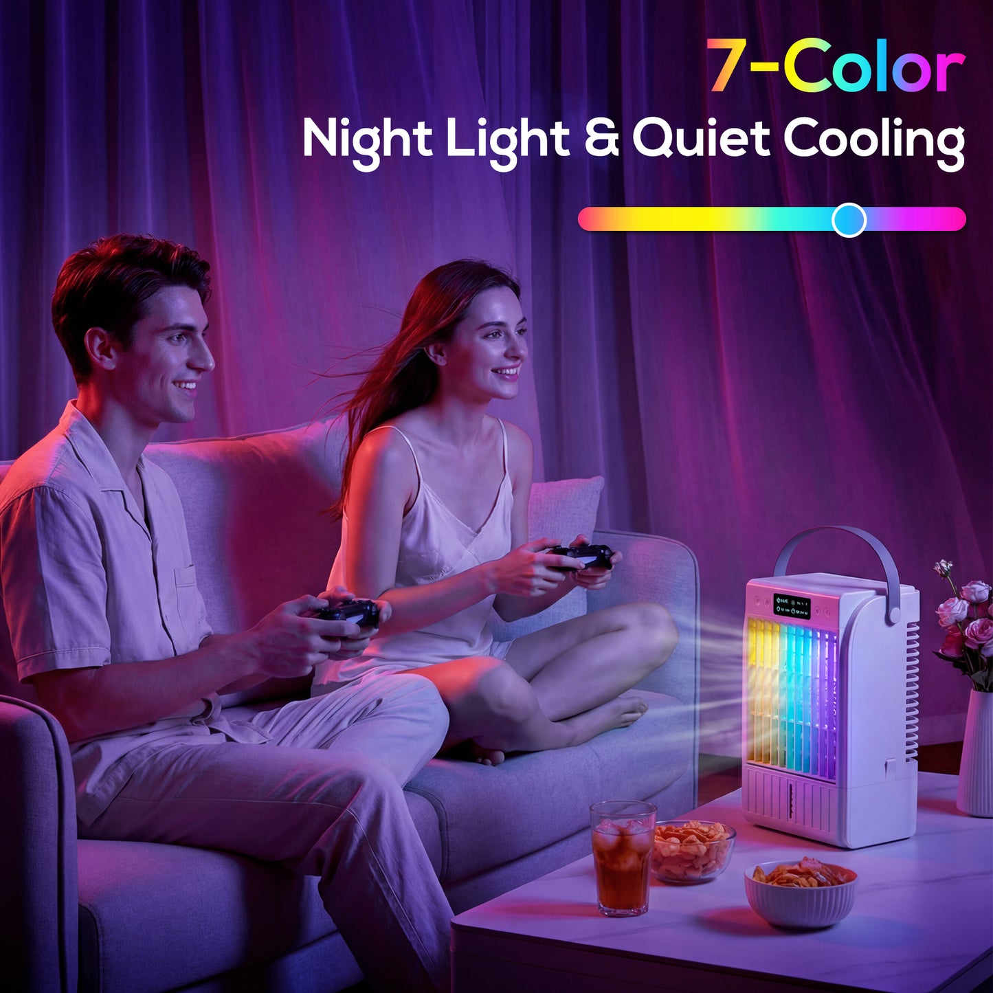 HOMCOM Portable 4 In 1 Air Conditioner And Mini Cooler With 4 Wind Speeds 2 Cool Mist RGB LED Light White