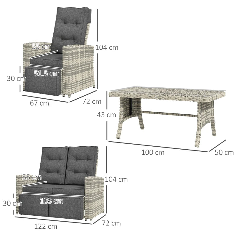 Outsunny 4-Piece Rattan Outdoor Sofa Sectional Set with Glass Top Table - Light Grey Patio Furniture for Yard and Poolside - ALL4U RETAILER LTD