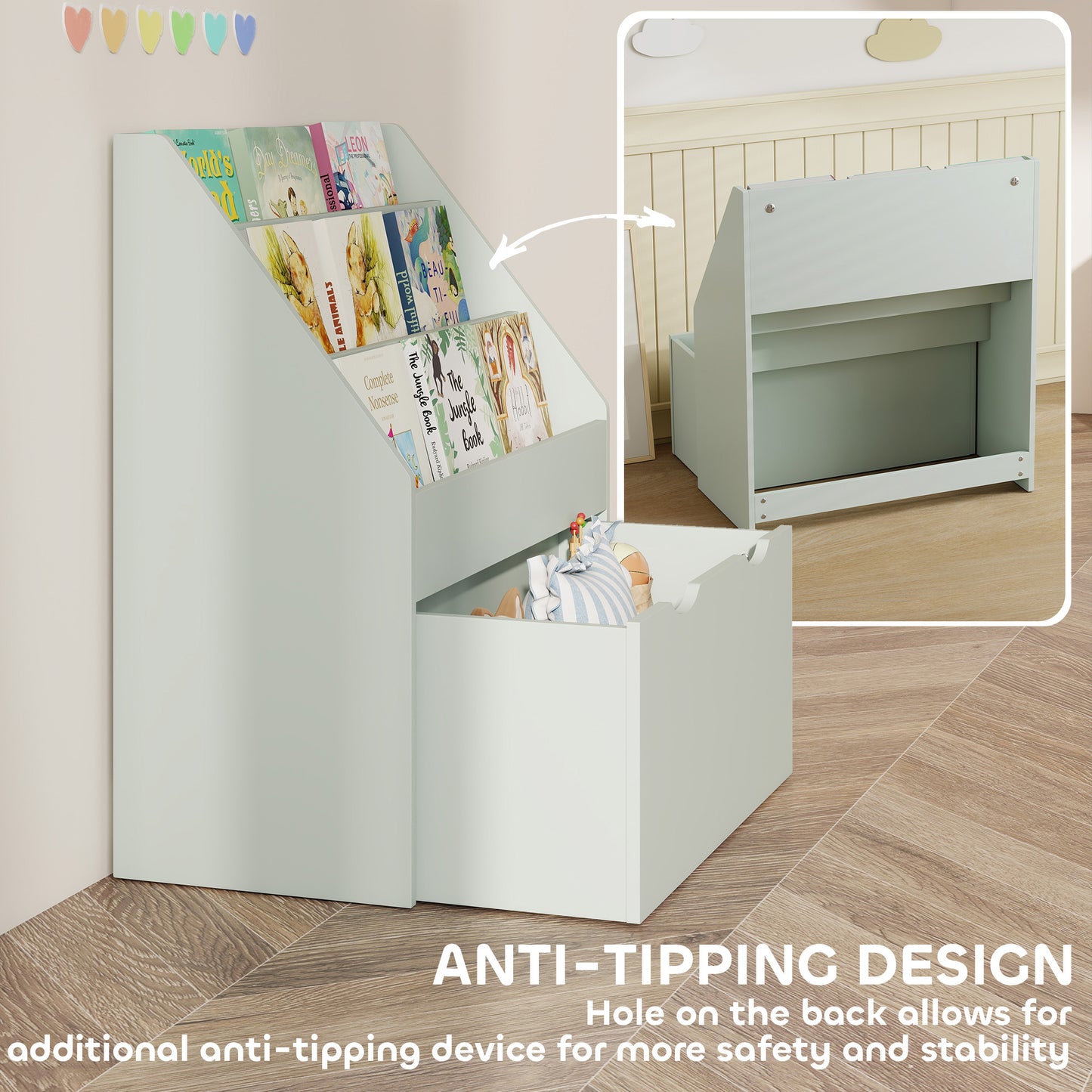 AIYAPLAY Kids Bookcase With Three Shelves And Drawer On Wheels For Bedroom And Playroom Green