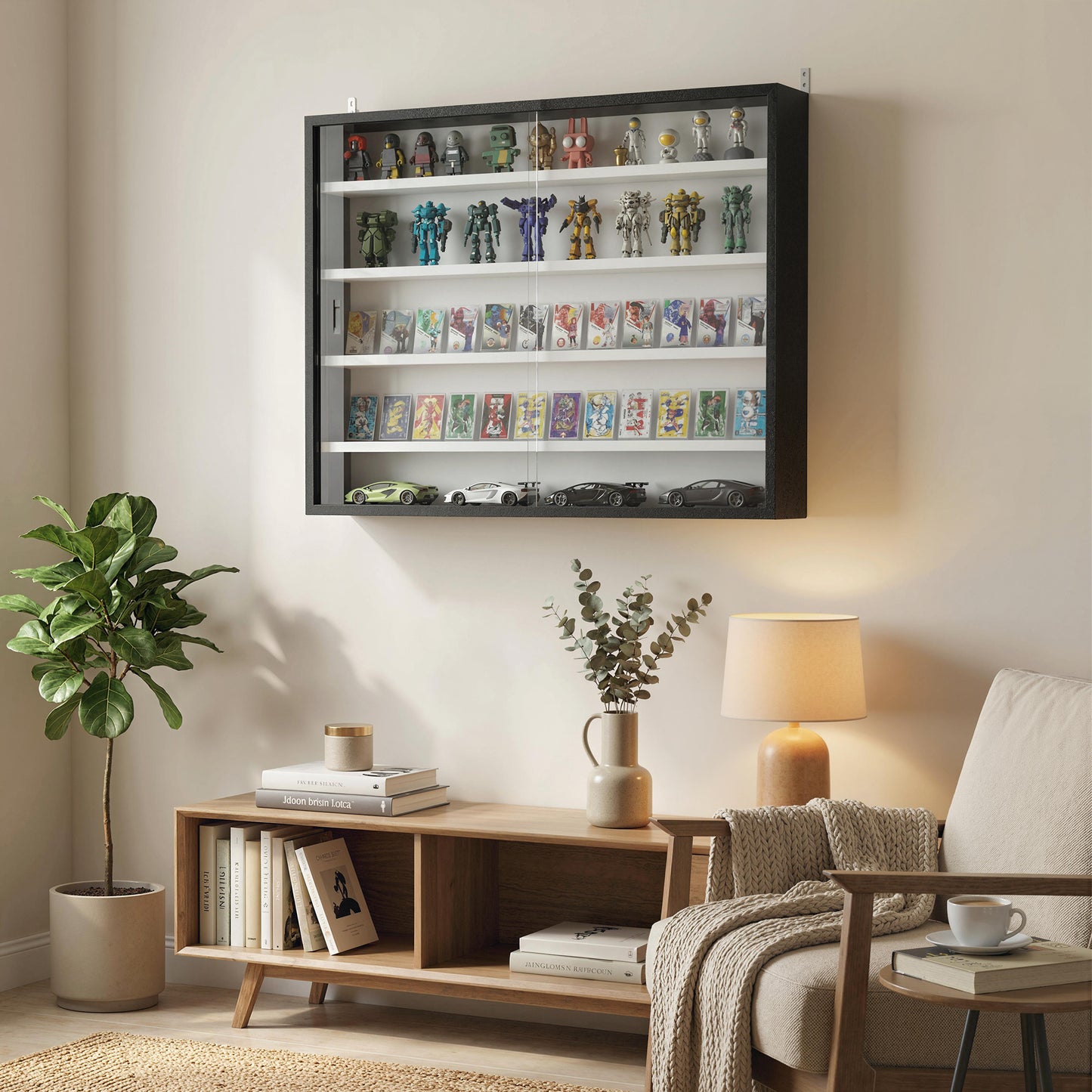 HOMCOM Five Tier Wall Display Cabinet With Glass Doors 60x80 cm Black And White Four Adjustable Shelves