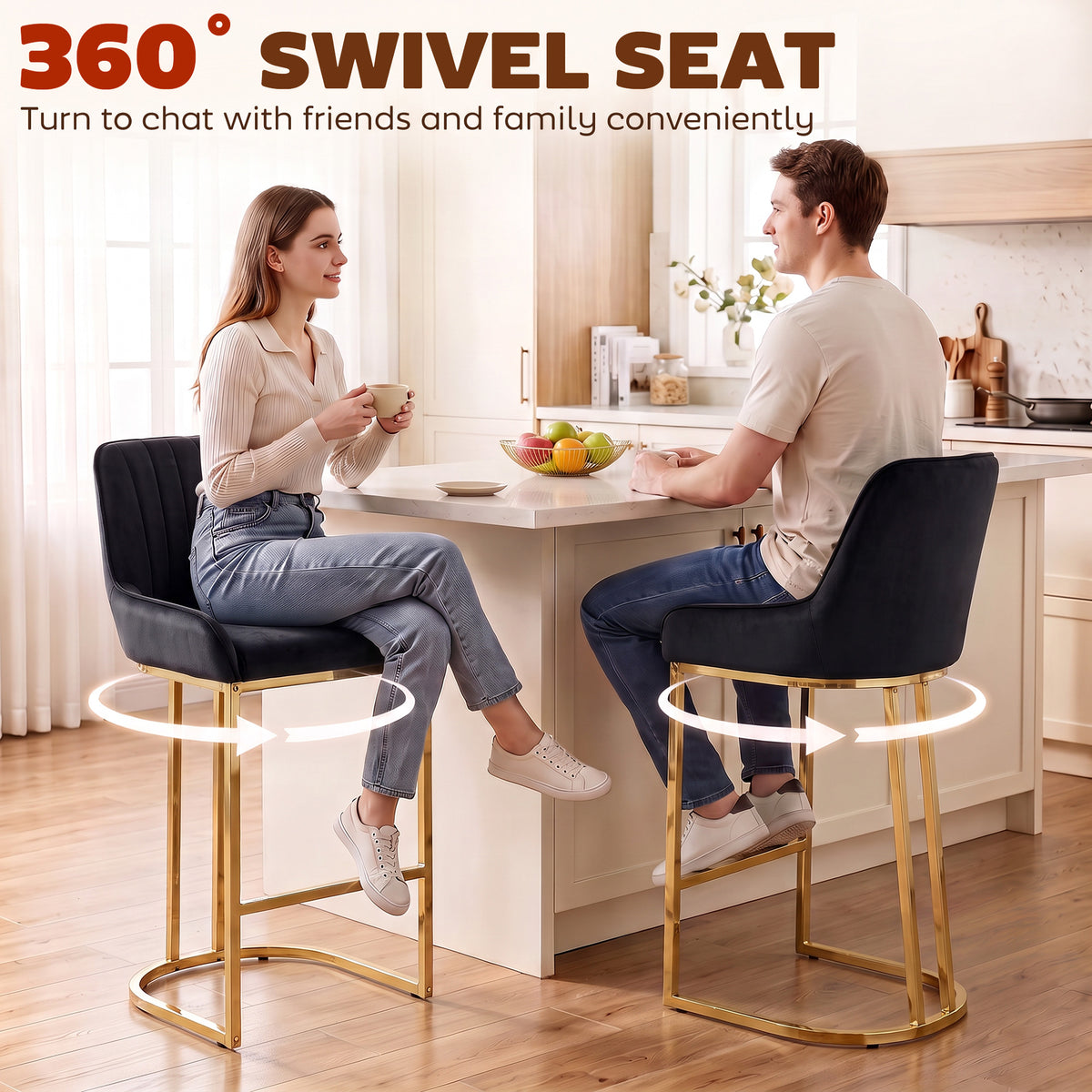 Two black velvet swivel bar stools with gold bases and cushioned seats for dining counters