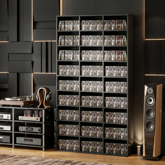 Black media storage cabinet with open CD and Blu-ray compartments on adjustable shelves