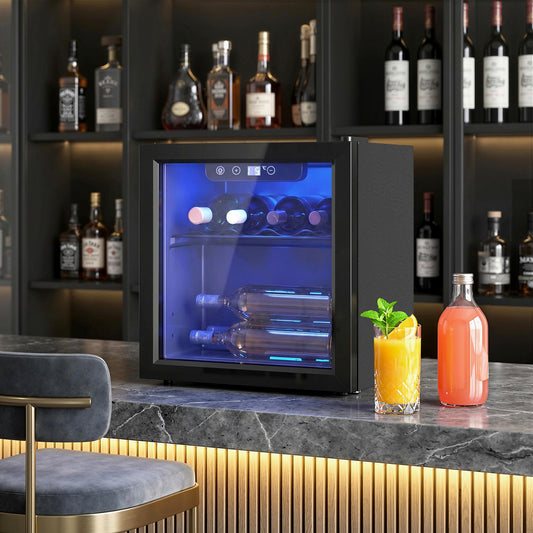 Homcom 12 Bottle Wine Cooler 36 Litre Capacity Under Counter Glass Door LED Light Black