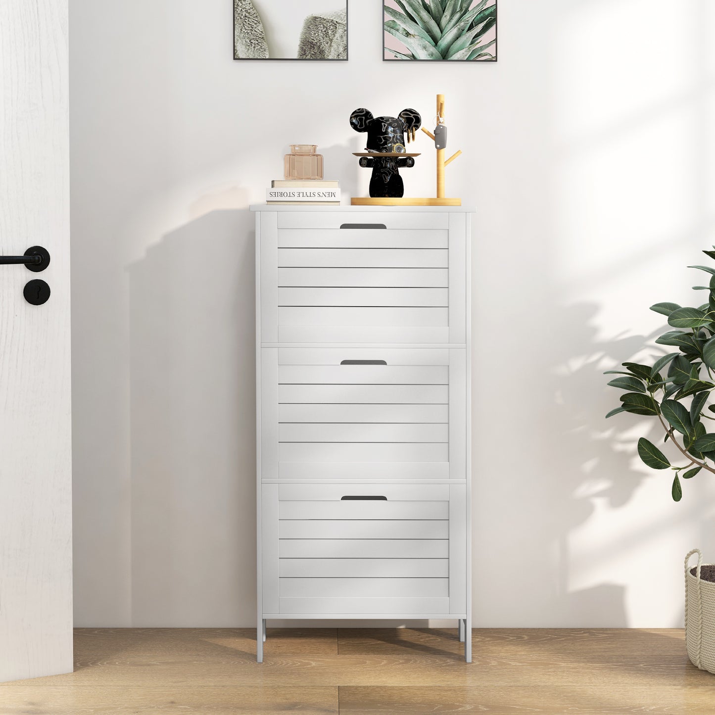 HOMCOM Narrow Shoe Cabinet With Three Flip Doors For Hallways White Storage Organizer