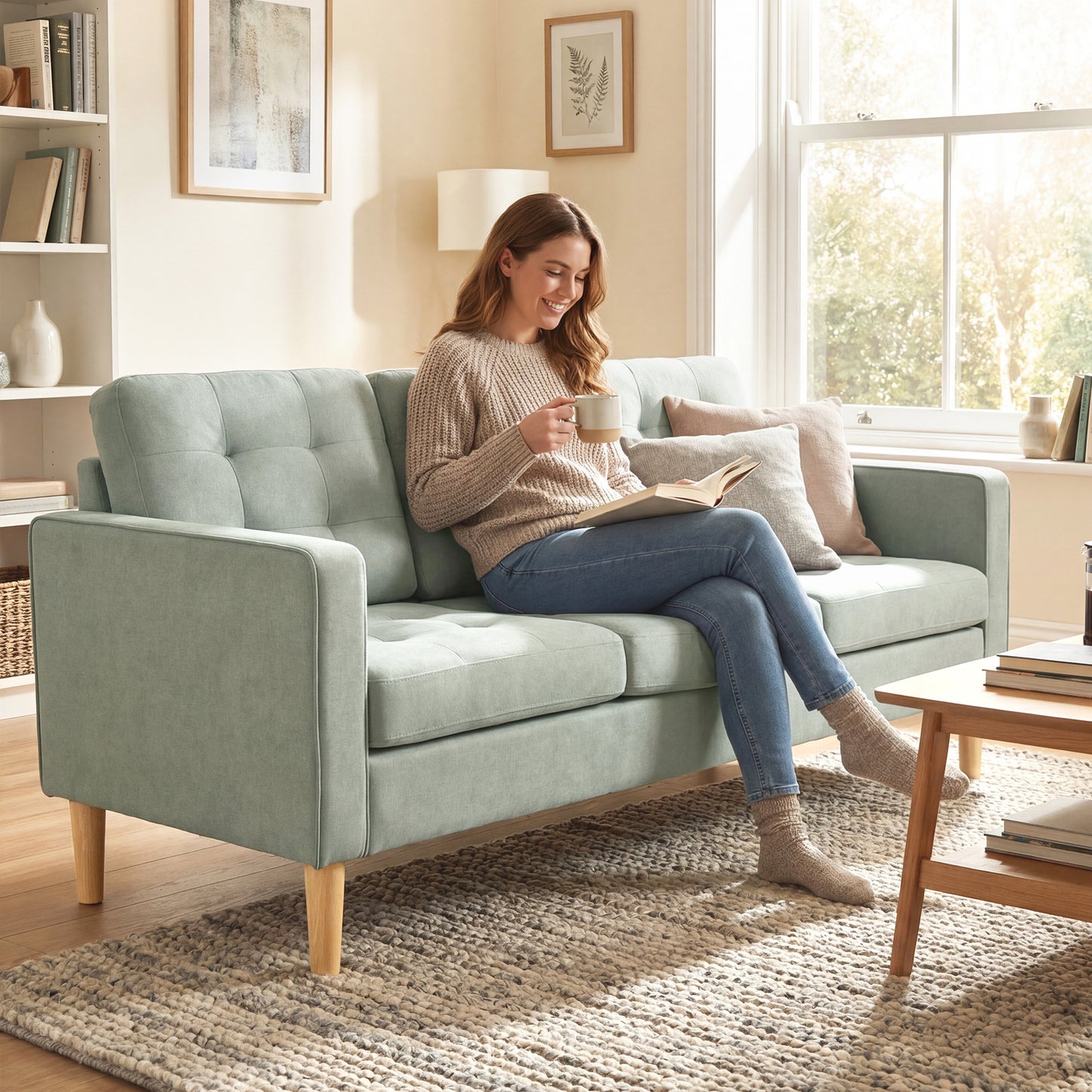 HOMCOM 3 Seater Sofa With Hidden Storage And Wood Legs 169cm Light Grey Upholstery For Living Room